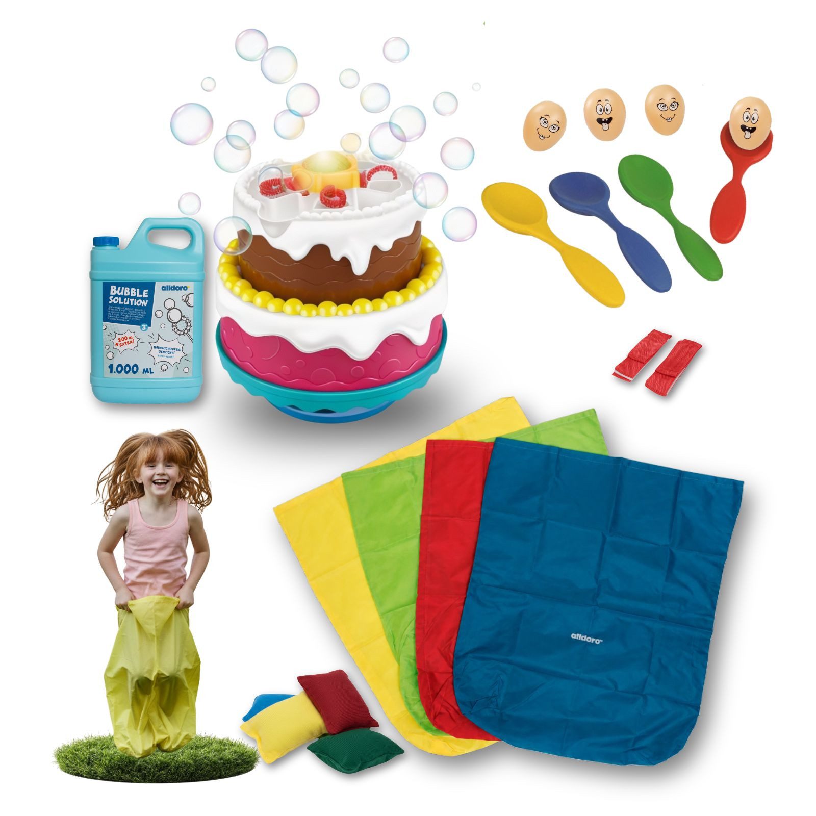 alldoro Spiel Kinder Partyspiele Set + Seifenblasenmaschine Torte mit Licht & Sound, 20 Teile, Sackhüpfen, Eierlauf, Kindergeburtstag & Party, ab 3 Jahren