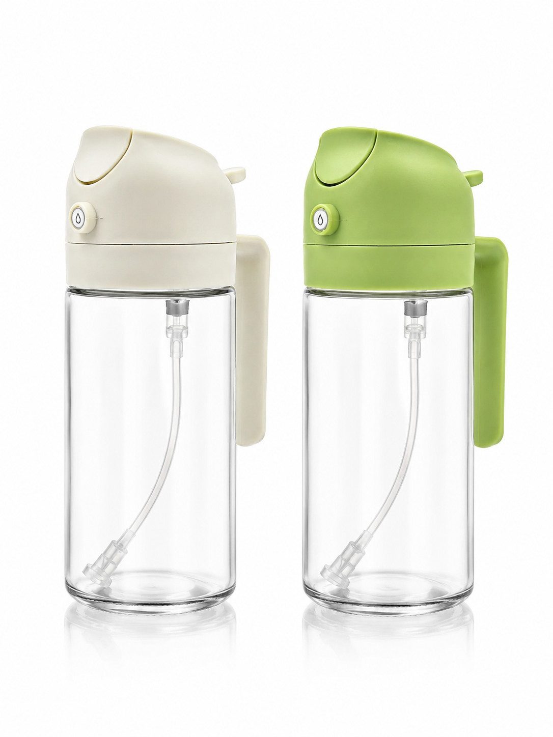 ILOKEN Ölspender 2er Set Glas Ölsprühflaschen 470ml Kochöl Sprayflasche Küchenzubehör, (2 Ölspender 20 Sticker mit Ölsorten), 3 Sprühmodi Strahl Sprühnebel und Kippen