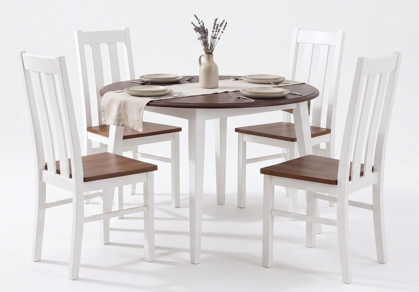 Feldmann-Wohnen Essgruppe Belluno Elegante, (einzigartige Holzmaserung, Tischplatte rund, mit Stühlen, 5-tlg., moderne Optik, Tischplatte rund, mit Stühlen), 90x90x74,5cm Massivholz Kiefer Weiß