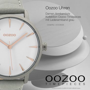 OOZOO Quarzuhr Oozoo Damen Armbanduhr grau, (Analoguhr), Damenuhr rund, groß (ca. 40mm) Lederarmband, Fashion-Style