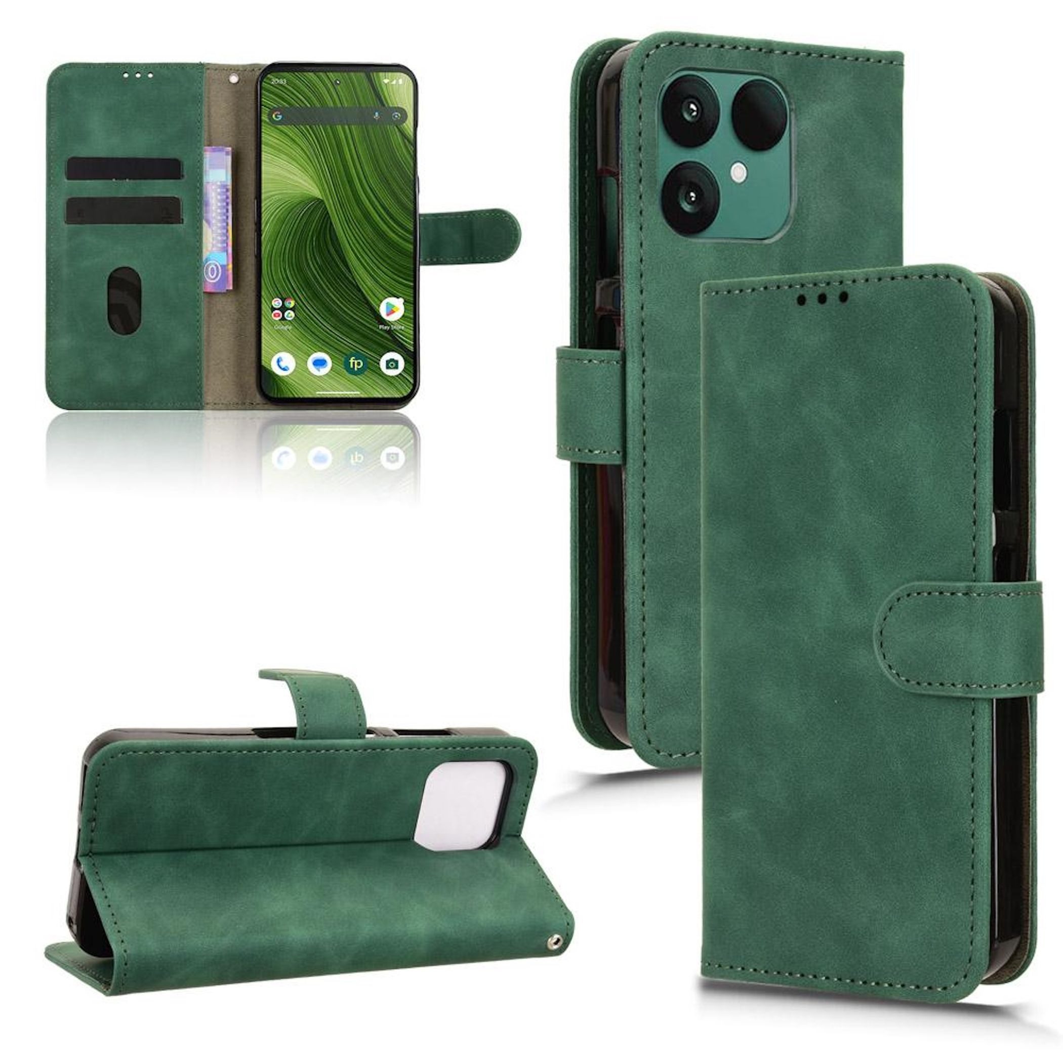 Wigento Smartphone-Hülle Für Fairphone 6 Kunstleder Skin Feel Book Wallet Tasche Hülle Grün, Magnetisch, Kartenhalter, Standfunktion