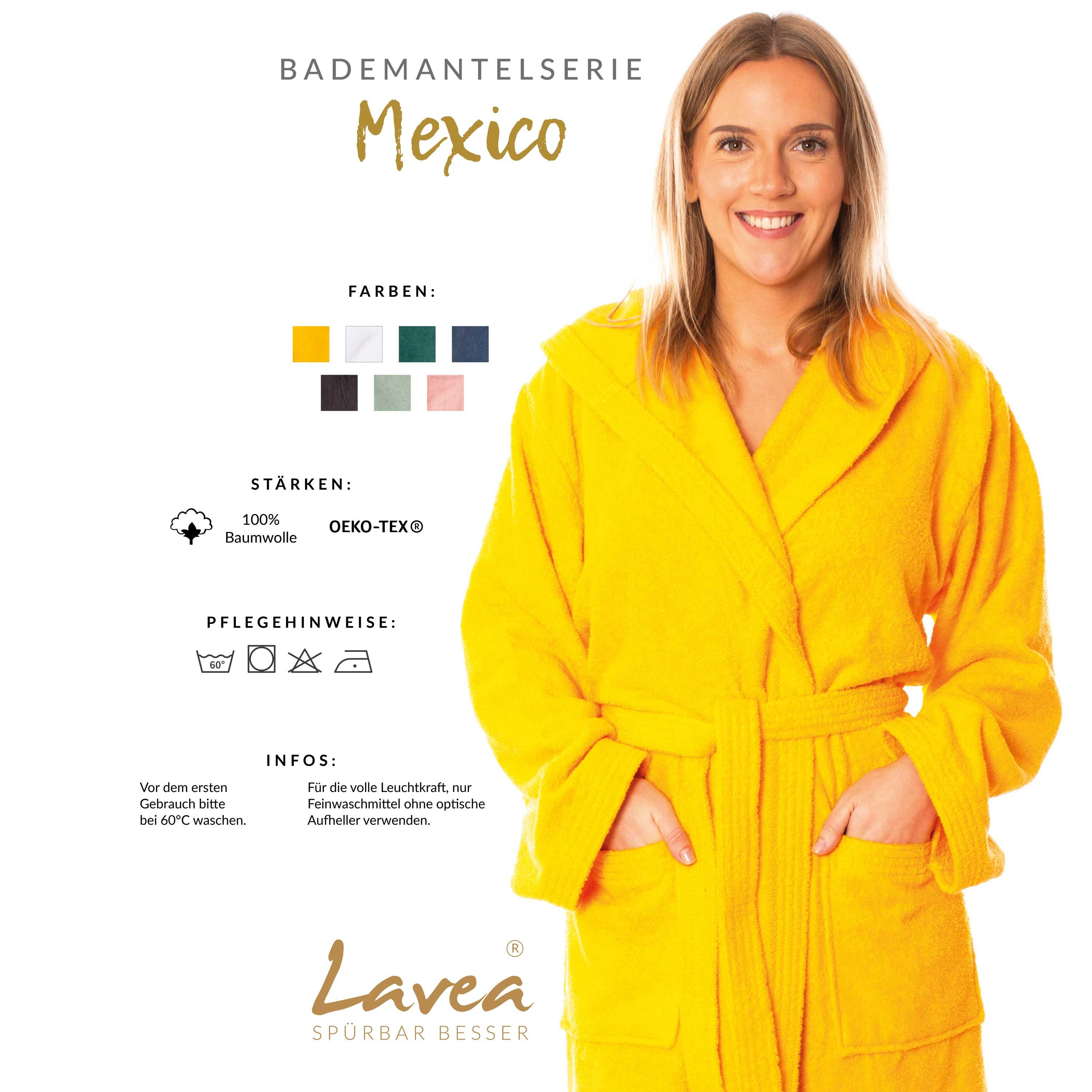 Lavea Bademantel Damen und Herren, Morgenmantel Mexico, Hotelbademantel, Lang, 100% Baumwolle, mit Kapuze, hochwertiger Bindegürtel, Weich & Saugstark - Spa Feeling für Zuhause