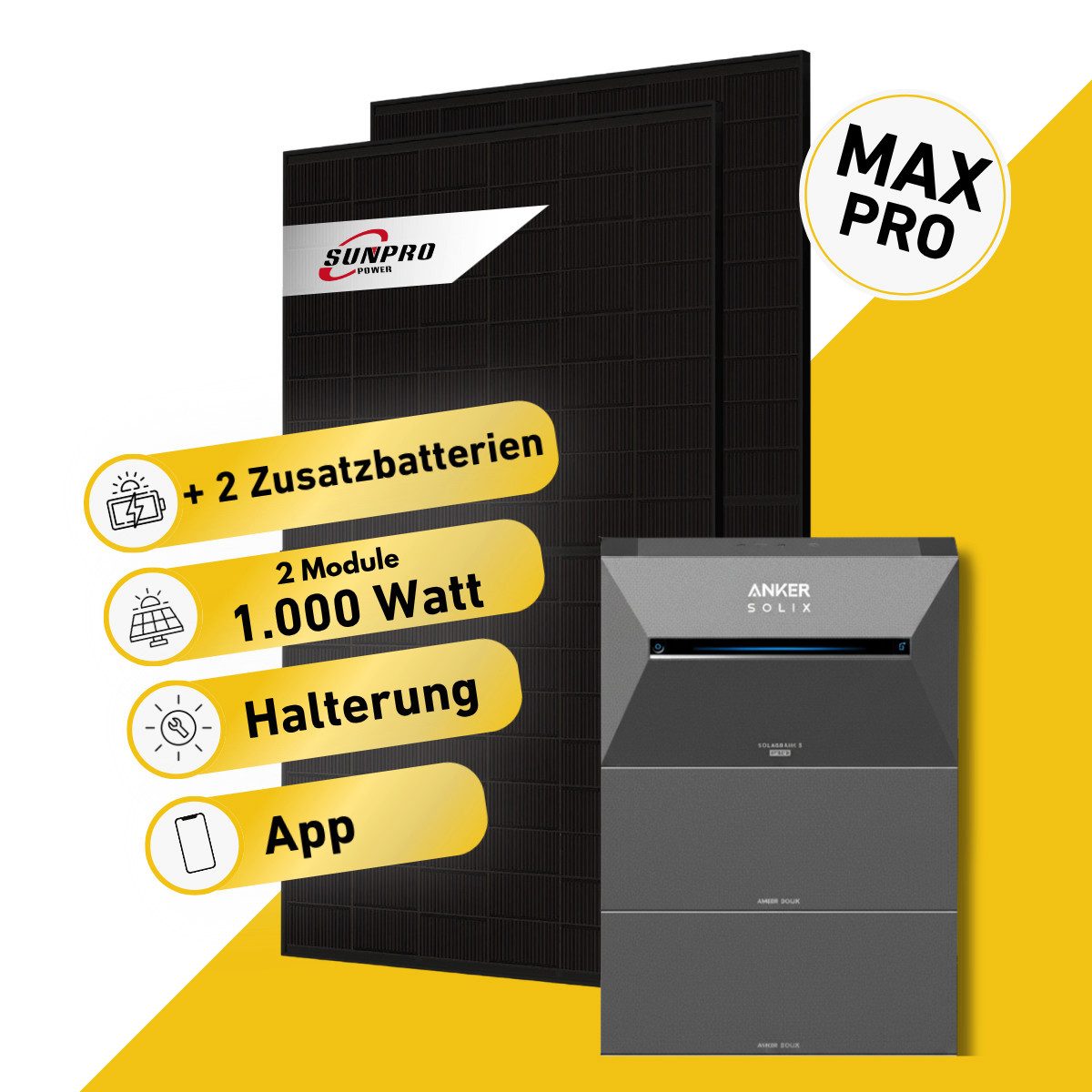 Balkonkraftwerk MAX Pro 1000 Watt Solaranlage mit Speicher Komplettset Bifazial
