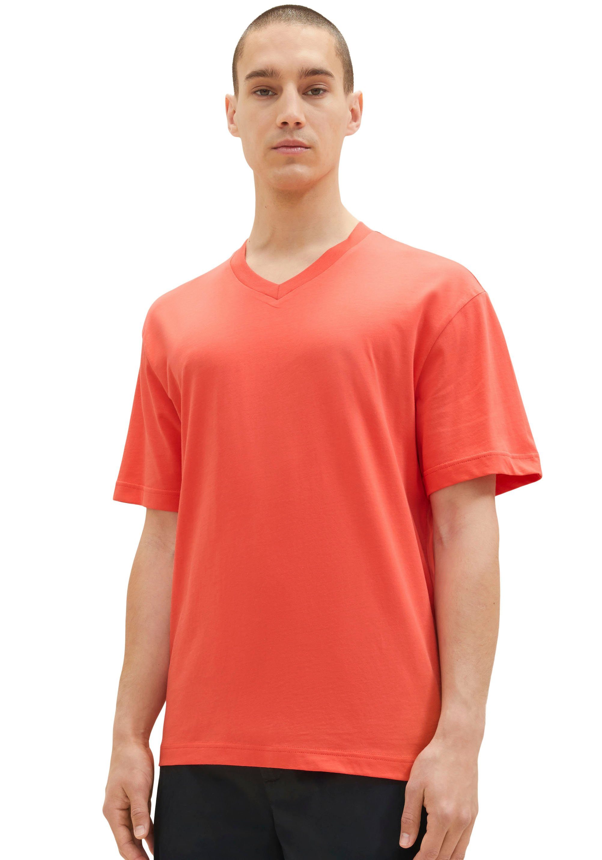 TOM TAILOR Denim T-Shirt rot V-Ausschnitt mit abgerundetem