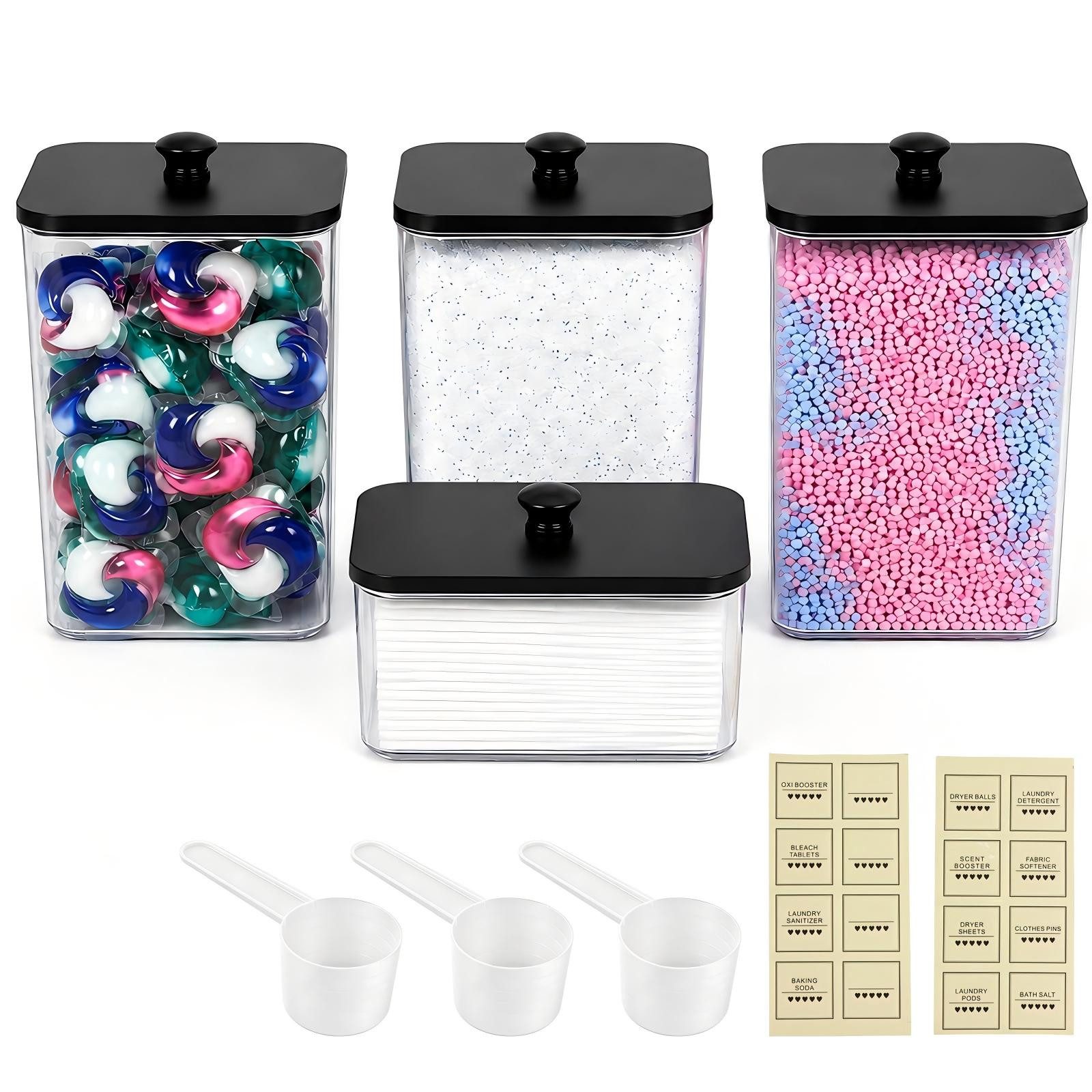 BlingBin Aufbewahrungsbox 4er Waschmittel Pods Aufbewahrung, 2.5L Waschpulver Behälter (4 Stück, 4 St., 3 Große Behälter 1 Rechteck Behälter), 3 Messlöffel und 16 Etiketten, Waschmittelbehälter für Waschküche