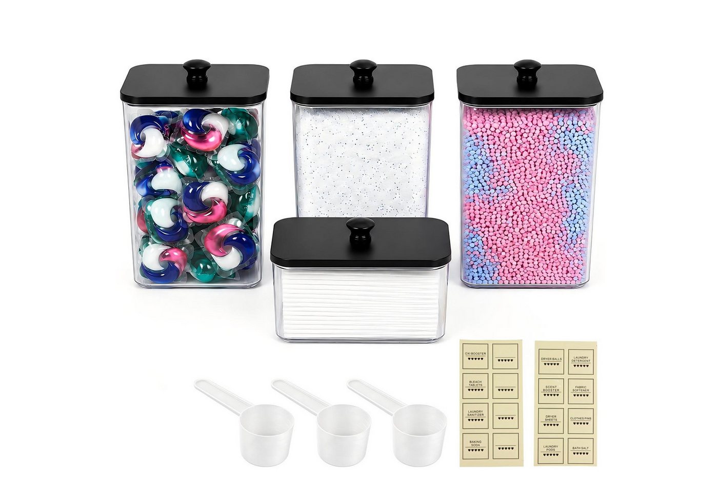 BlingBin Aufbewahrungsbox 4er Waschmittel Pods Aufbewahrung, 2.5L Waschpulver Behälter (4 Stück, 4 St., 3 Große Behälter 1 Rechteck Behälter), 3 Messlöffel und 16 Etiketten, Waschmittelbehälter für Waschküche