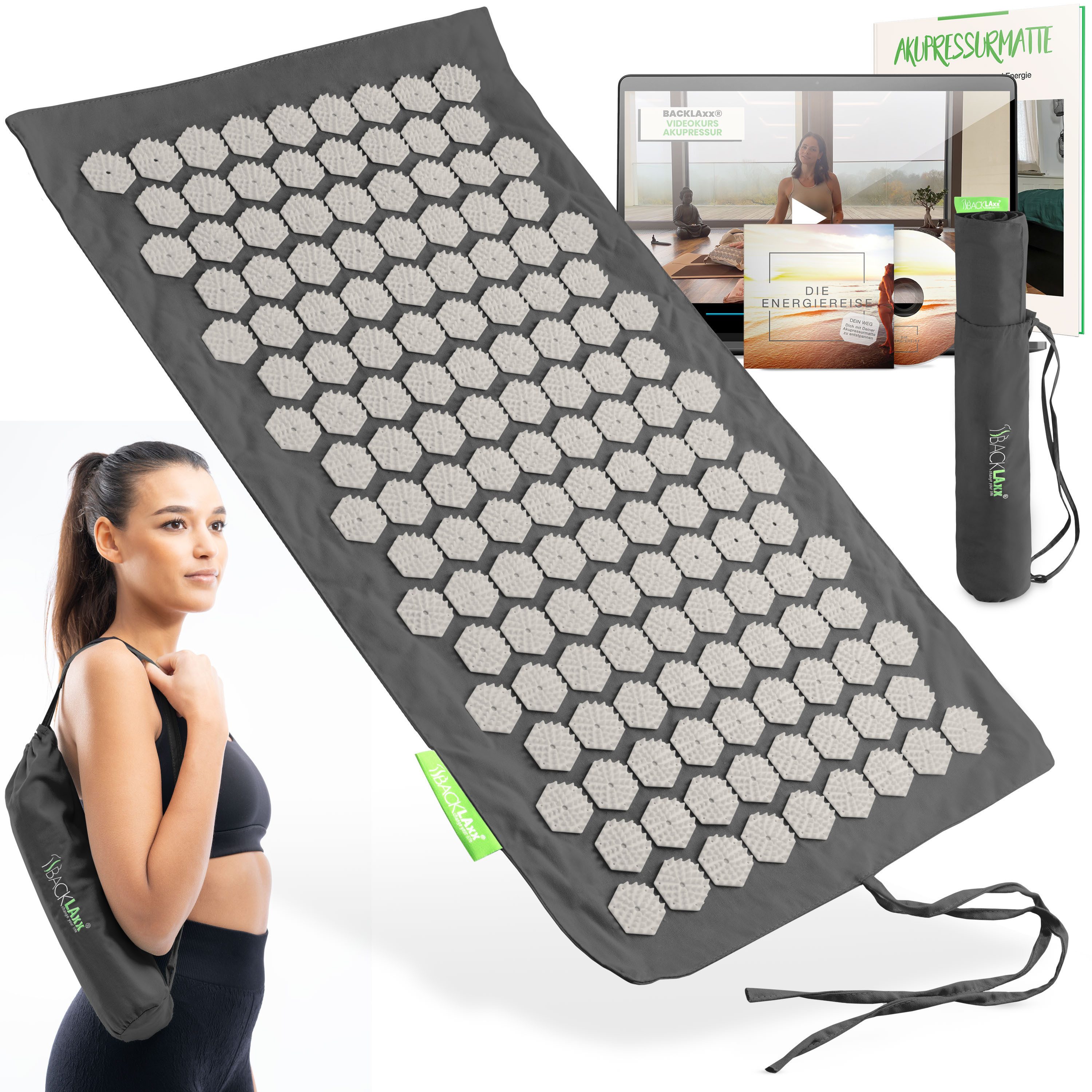 BACKLAxx® Akupressurmatte Set To-Go "Original" mit Tragetasche - ideal für unterwegs (3-tlg. Akupressur Set, inkl Videokurs, eBook & Hörbuch), für Entspannung Durchblutung Stressabbau