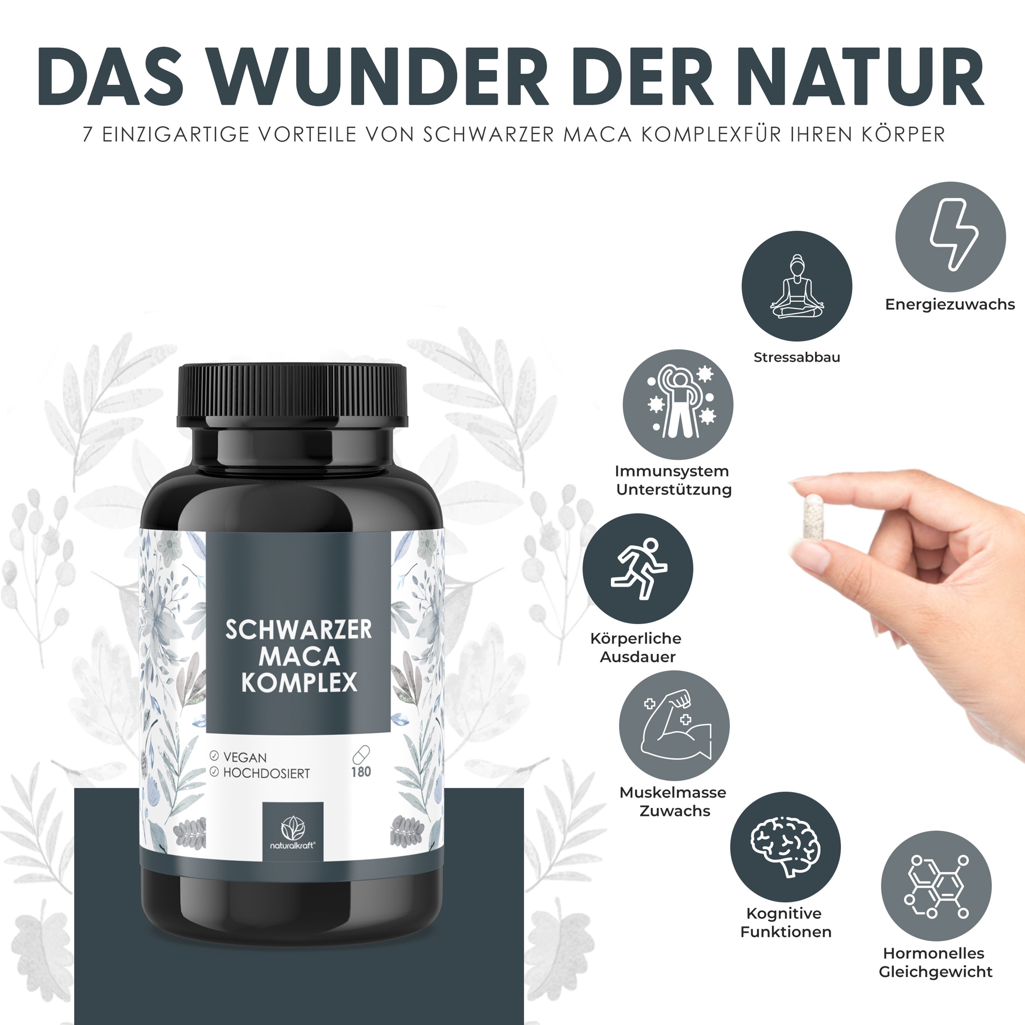 Naturalkraft Schwarzer Maca Komplex mit Ginseng – 180 vegane Kapseln, geprüft Kapseln, 108 g