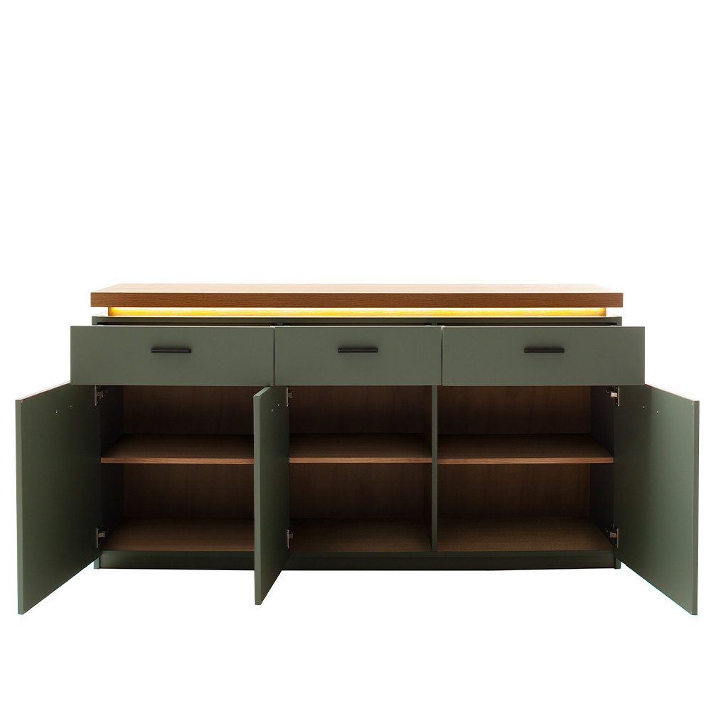 Lomadox Sideboard MOSTAR-05, Grün mit Eiche, 156 cm Breite, 3-türig