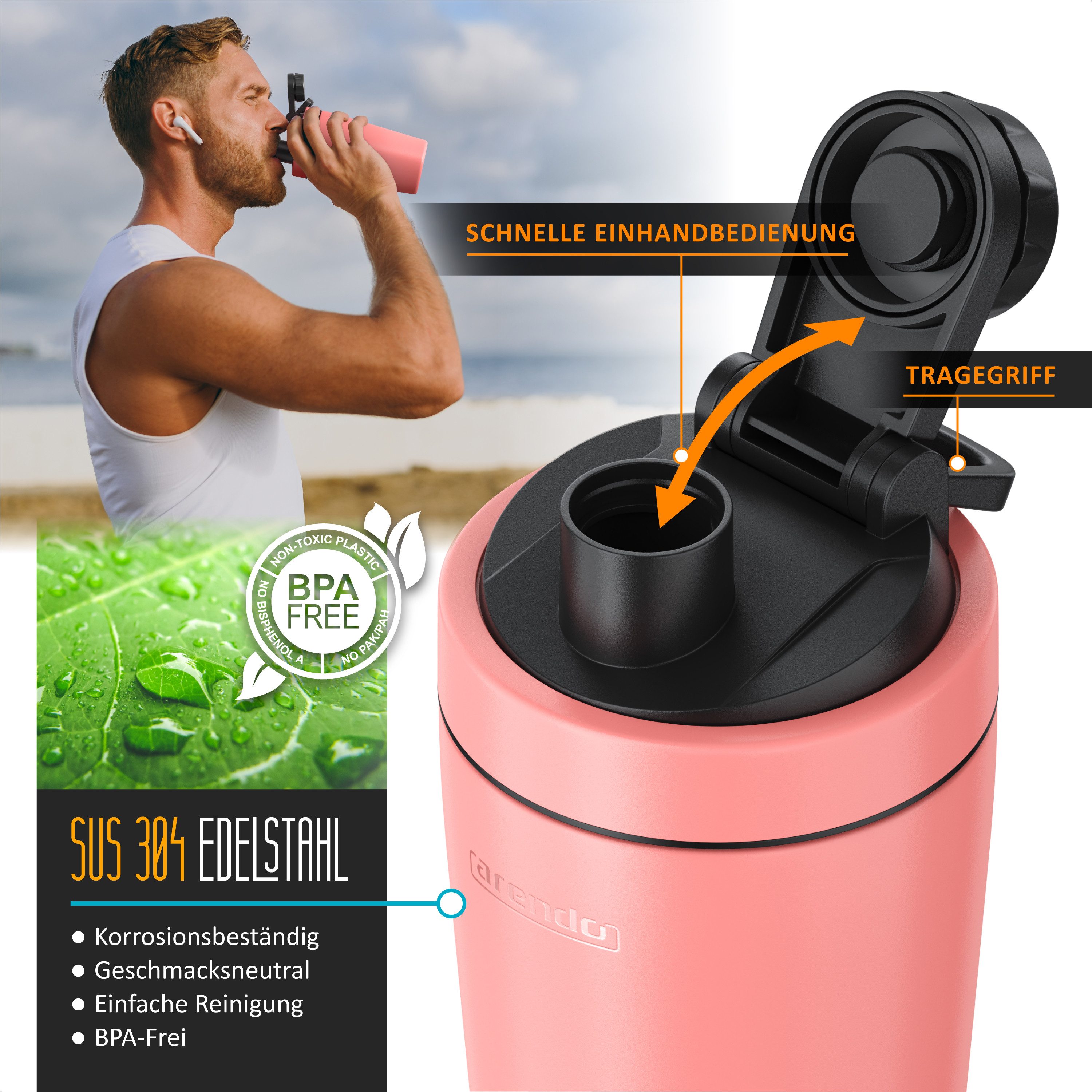 Arendo Protein Shaker Edelstahl Eiweißshaker 500 ml, korall, verschließbar, BPA-frei, Edelstahl, auslaufsicher, spülmaschinengeeignet, mit Tragegriff und Mixball
