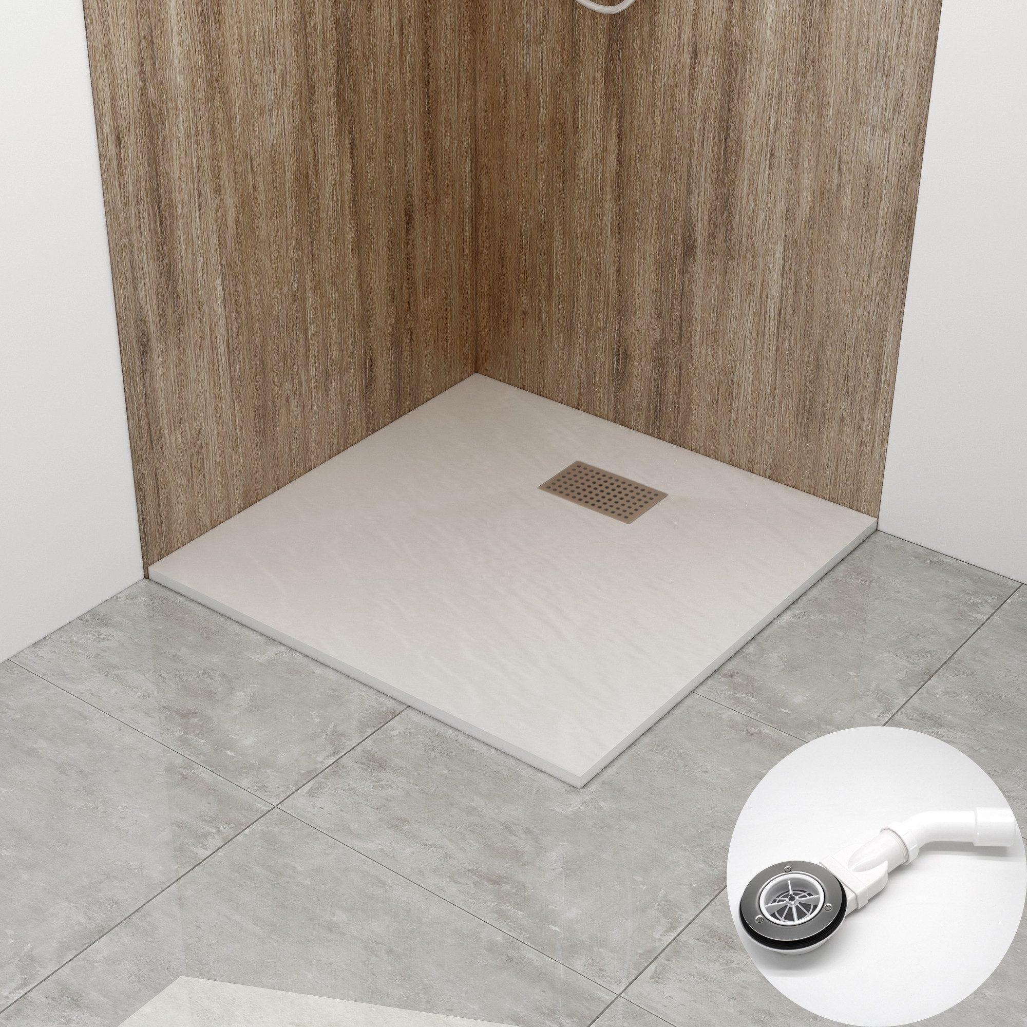 WITEN&NOCK Duschwanne Superflach Duschtasse mit Edelstahl Abflussrinne mit Ablaufgarnitur, quadratisch, SMC, Anti-Rutsch