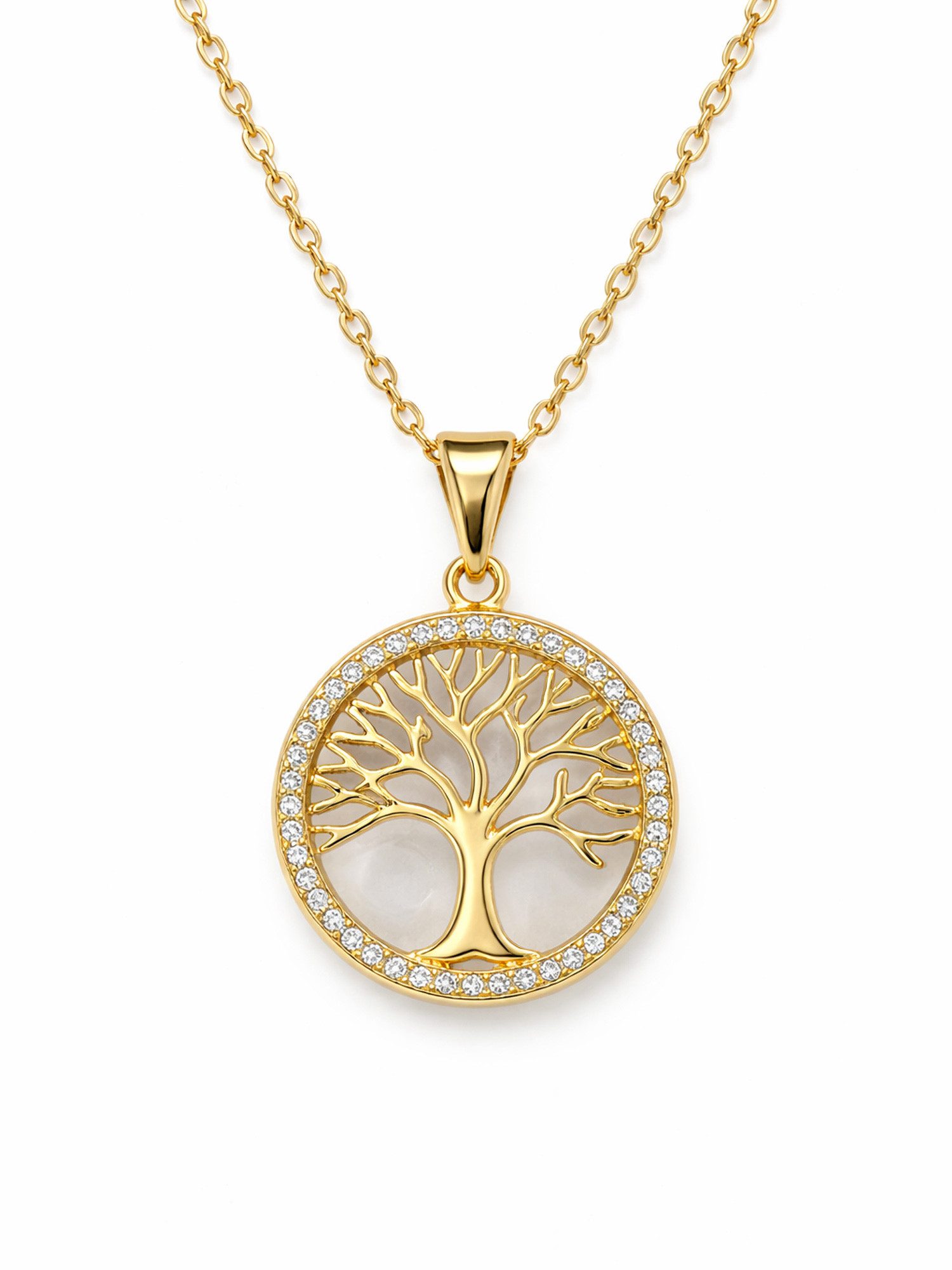 Staufergold Silberkette Kette „Wurzelliebe“ – Lebensbaum-Anhänger Pavé-Rand – Gold, hypoallergen und wasserfest
