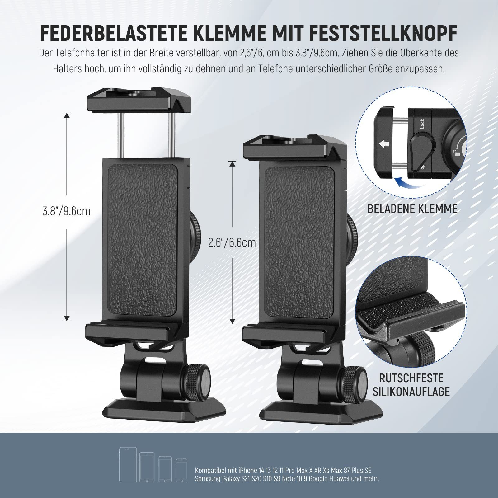 Neewer Handy-Halterung SP-02 Metall Handy Stativ Mount Adapter Halterung, mit Arca Basis, (bis 3.8 Zoll, Packung, 270° Drehung, 2 kalte Schuhe, Telefonhalterkle – Bild 3 von 5