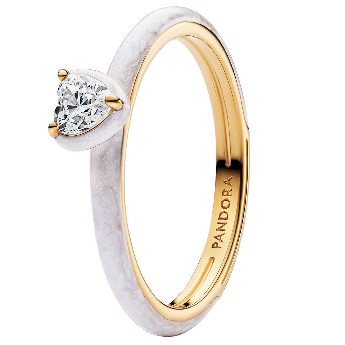 Pandora Solitärring 163088C01, Damenring Goldfarben Weißes Chakra-Herz