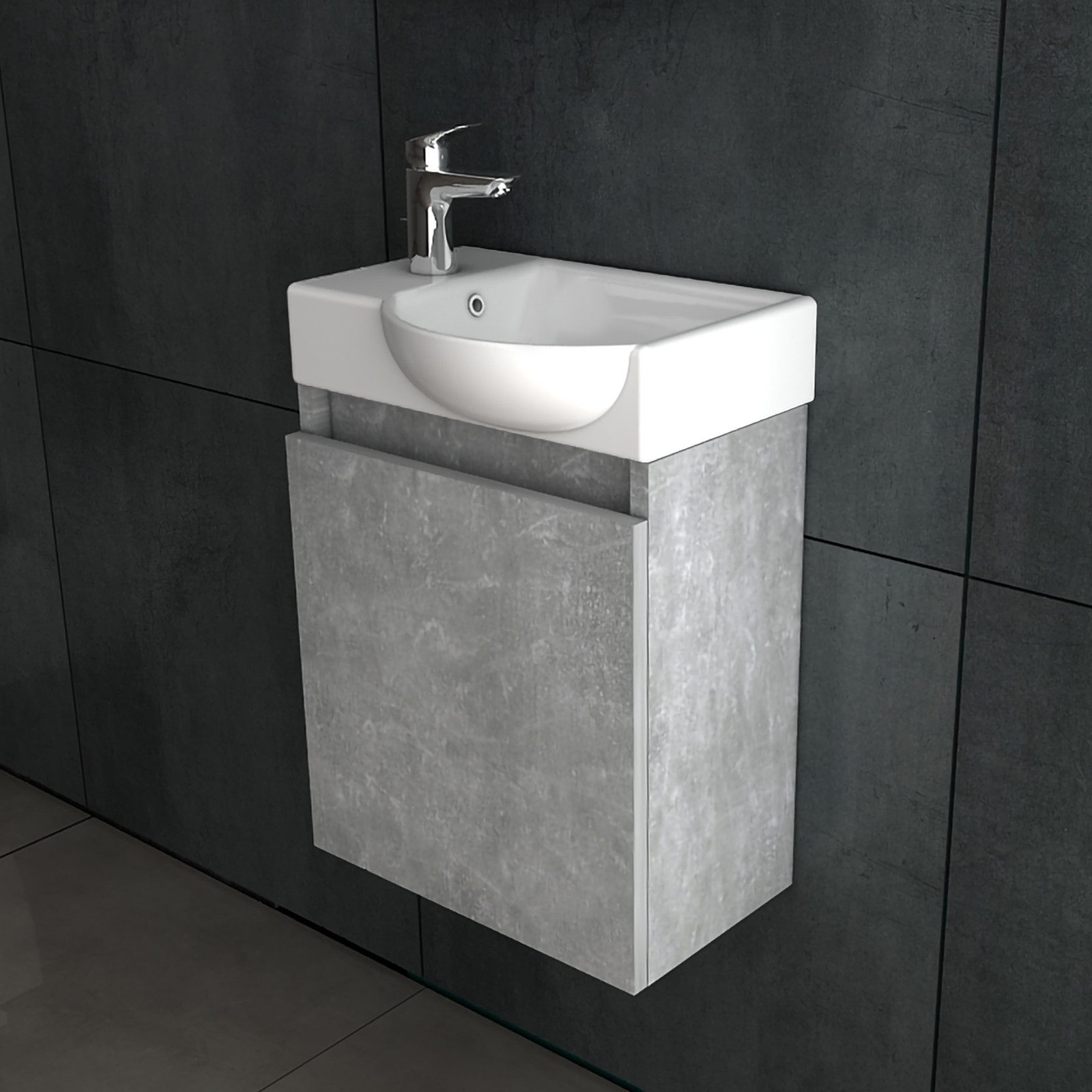 Alpenberger Waschtisch Gäste WC Waschbecken mit Unterschrank hängend für kleine Bäder, Grau (Vormontiertes Badmöbel 45 cm breit, 2-St., Waschtisch mit Unterschrank Grau), Soft-Close Waschtischunterschrank, Keramik Handwaschbecken