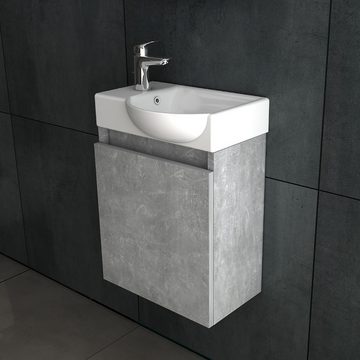 Alpenberger Waschbecken Gäste WC Komplettset - Badmöbel Set Möbelwaschtisch in Grau (Vormontierte Komplettprogramme für Badezimmer, 2-St., Waschtisch mit Unterschrank), Soft-Close Hängeschrank, pflegeleicht, Keramik Handwaschbecken