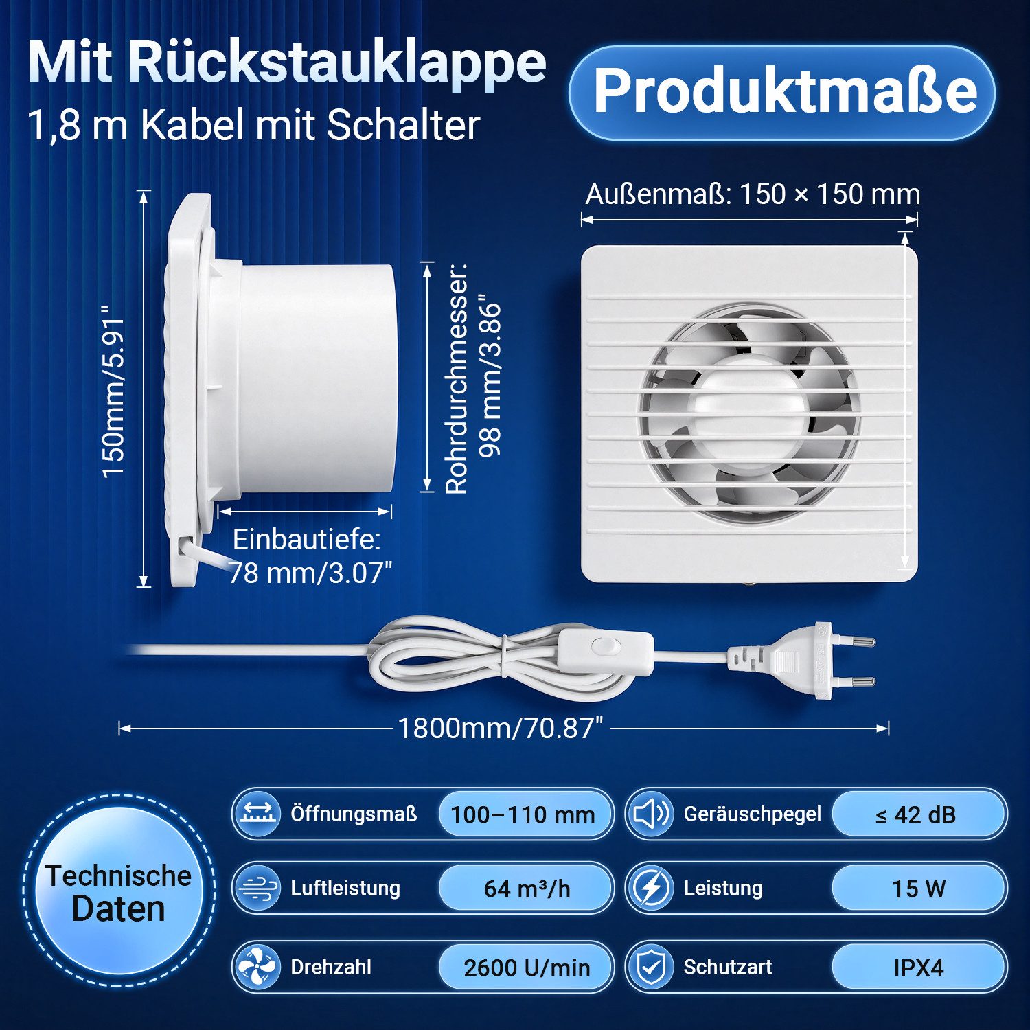 Clanmacy Wandventilator Badlüfter Weiß Eckig 100–180 mm Abluftventilator Rückstauklappe – Bild 2 von 5