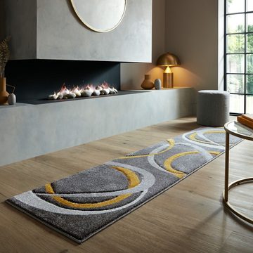 Teppich Abstrakter Moderner Designerteppich in Grau-Ocker, leicht zu pflegen, KADIMA DESIGN, Läufer, Höhe: 12 mm