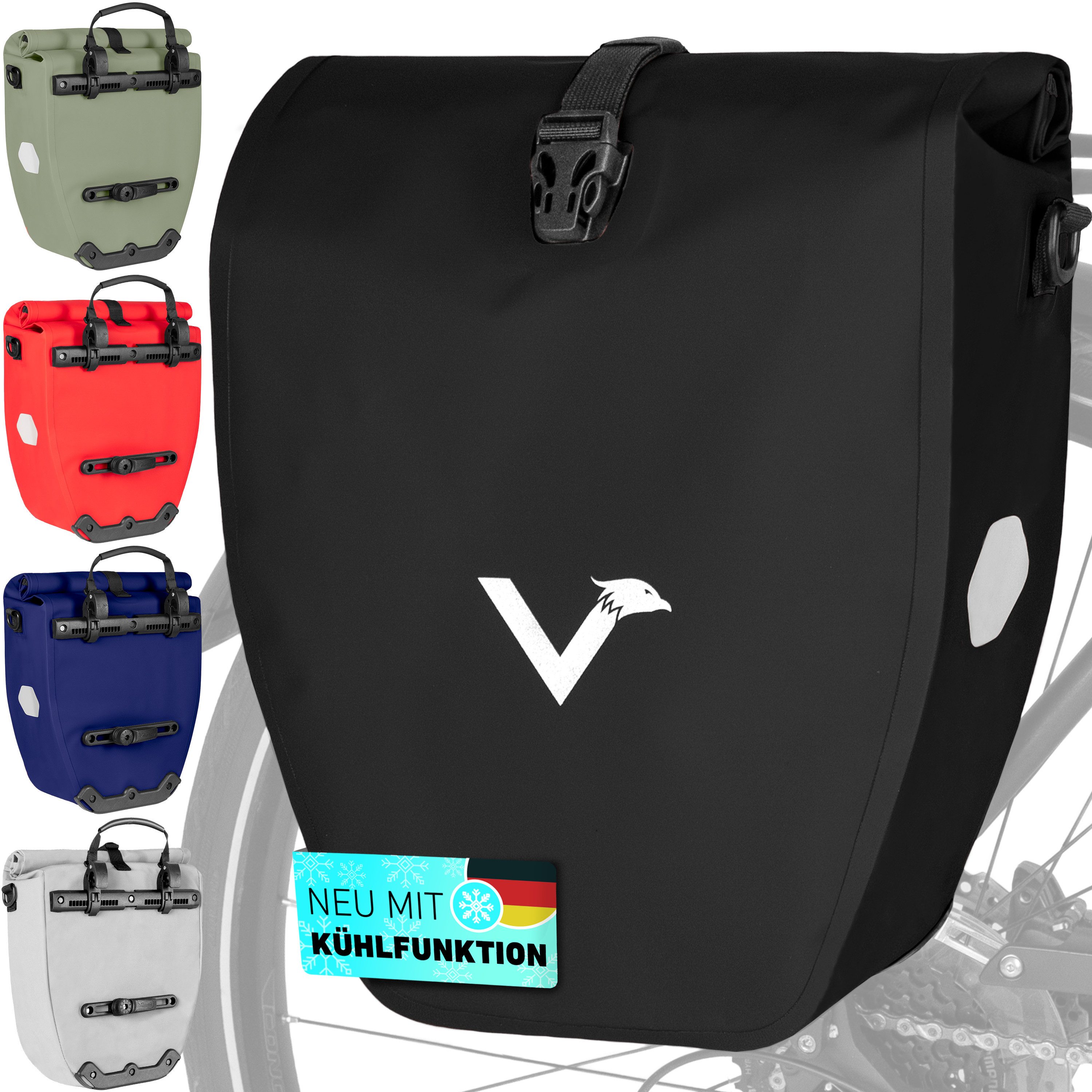 Valkental Fahrradtasche Gepäckträger wasserdicht & abschließbar, Gepäckträgertasche Fahrrad mit Großen Reflektoren 20L, 28L, 32L