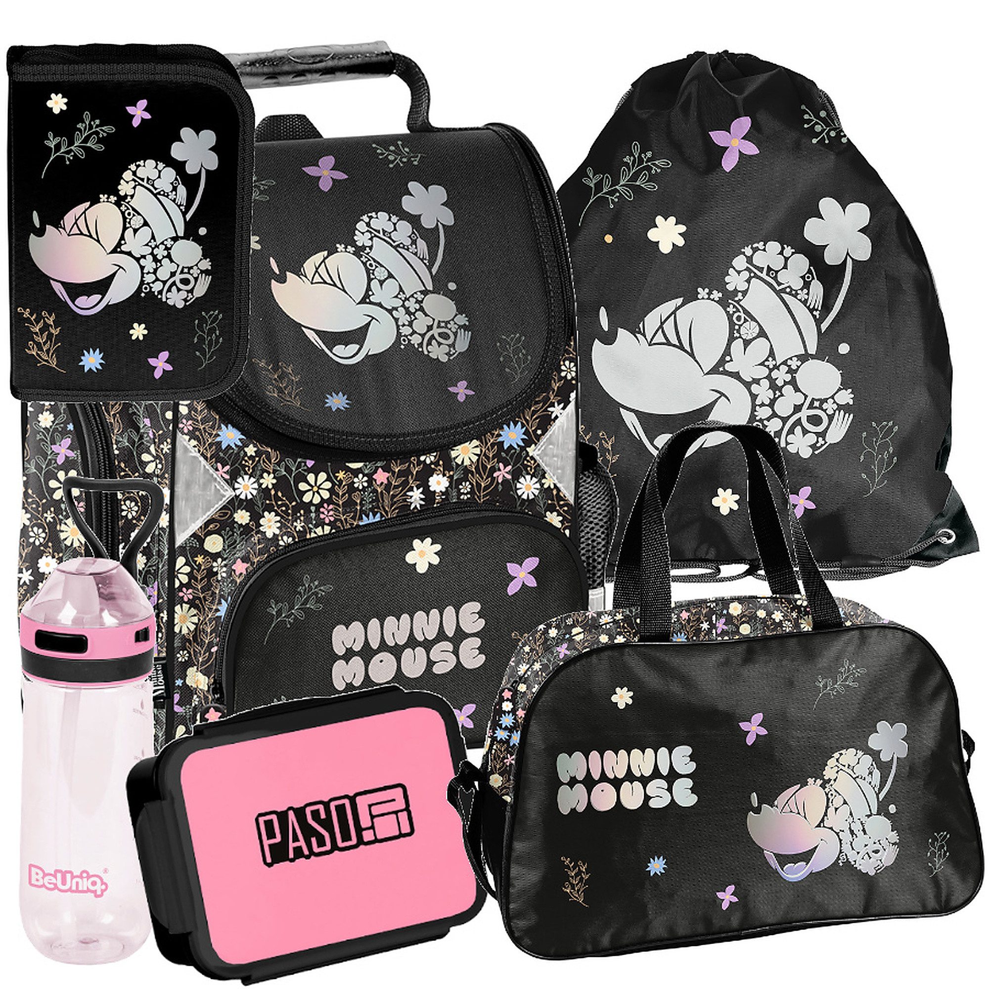 PASO Schulrucksack Mega-Set Disney Minnie Mouse Schulset 6-tlg (Rucksack + Turnbeutel + Federmäppchen + Lunchbox + Trinkflasche + Sporttasche, 6-tlg)