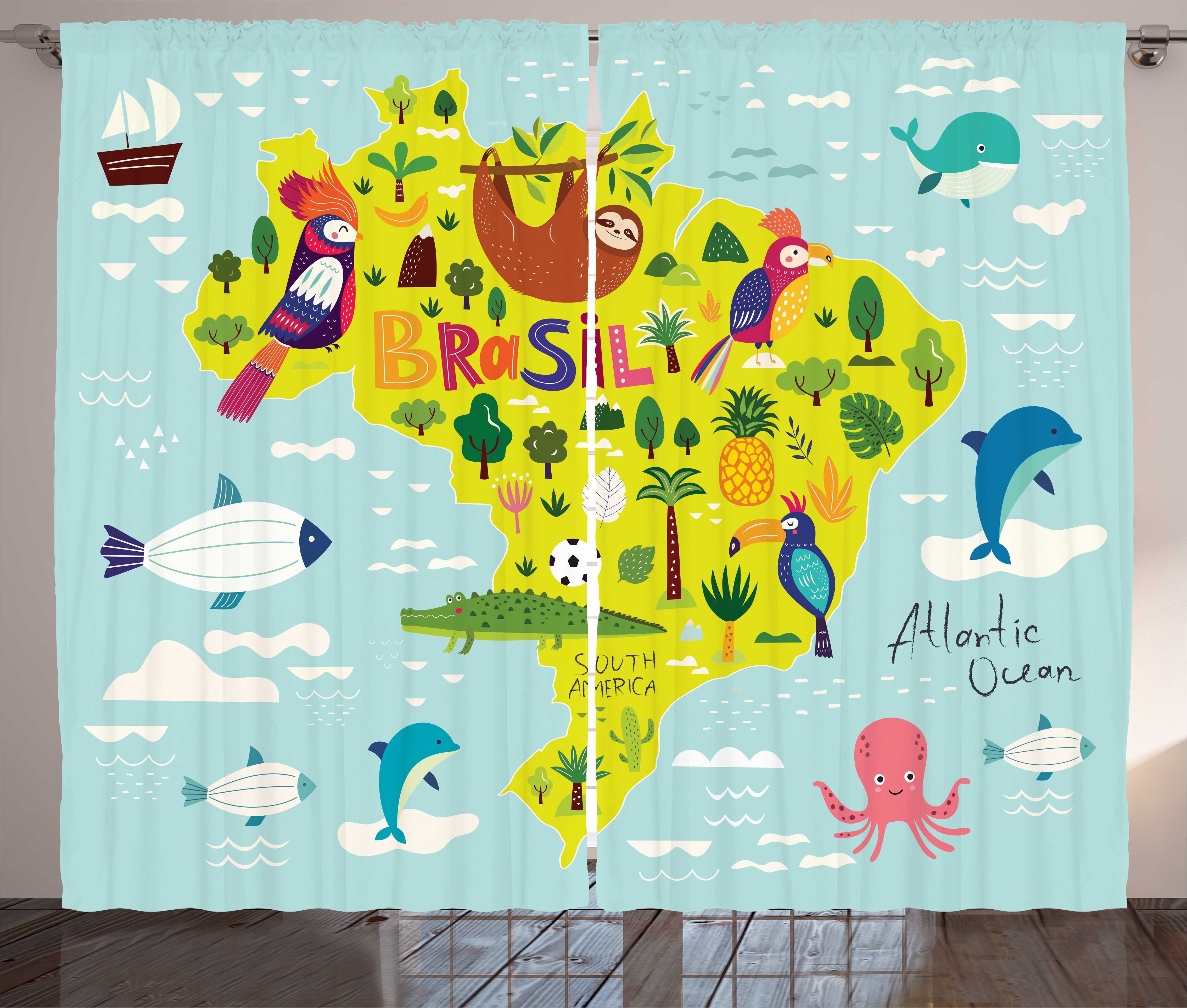 Gardine Schlafzimmer Kräuselband Vorhang mit Schlaufen und Haken, Abakuhaus, Krokodil Brasilien Karte Symbolischer Artikel | Fertiggardinen