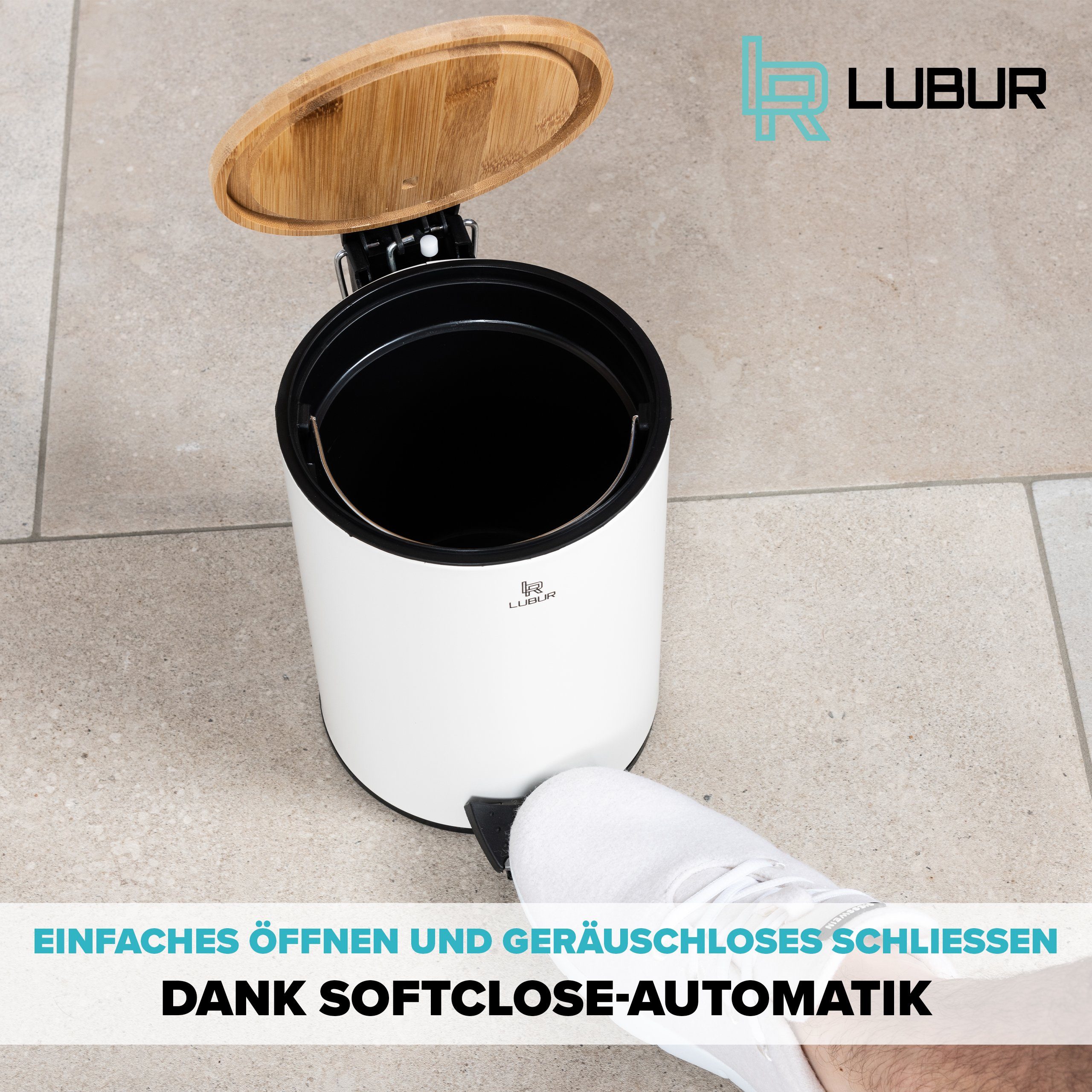 Lubur 3L - - Bambusdeckel Hochwertiger mit Mülleimer und speziell beschichtetem Softclose Kosmetikeimer, Badezimmer mit Badmülleimer Absenkautomatik edler Weiß