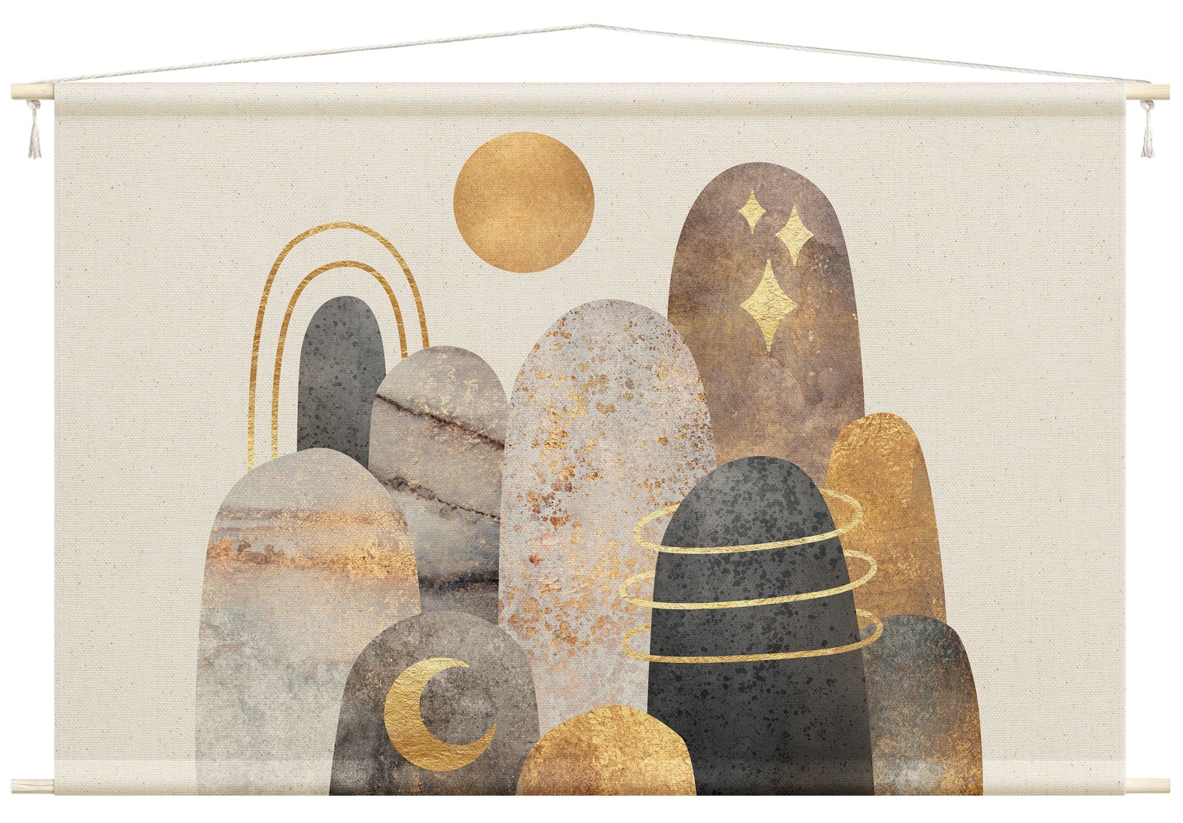 Bilderdepot24 Wandteppich modern Muster Abstrakt Berge Mond grau, rechteckig, Höhe: 2.6 mm, großes Wandbild aus Natur-Baumwolle Wandbehang Stoffbild Tuch Wollseil