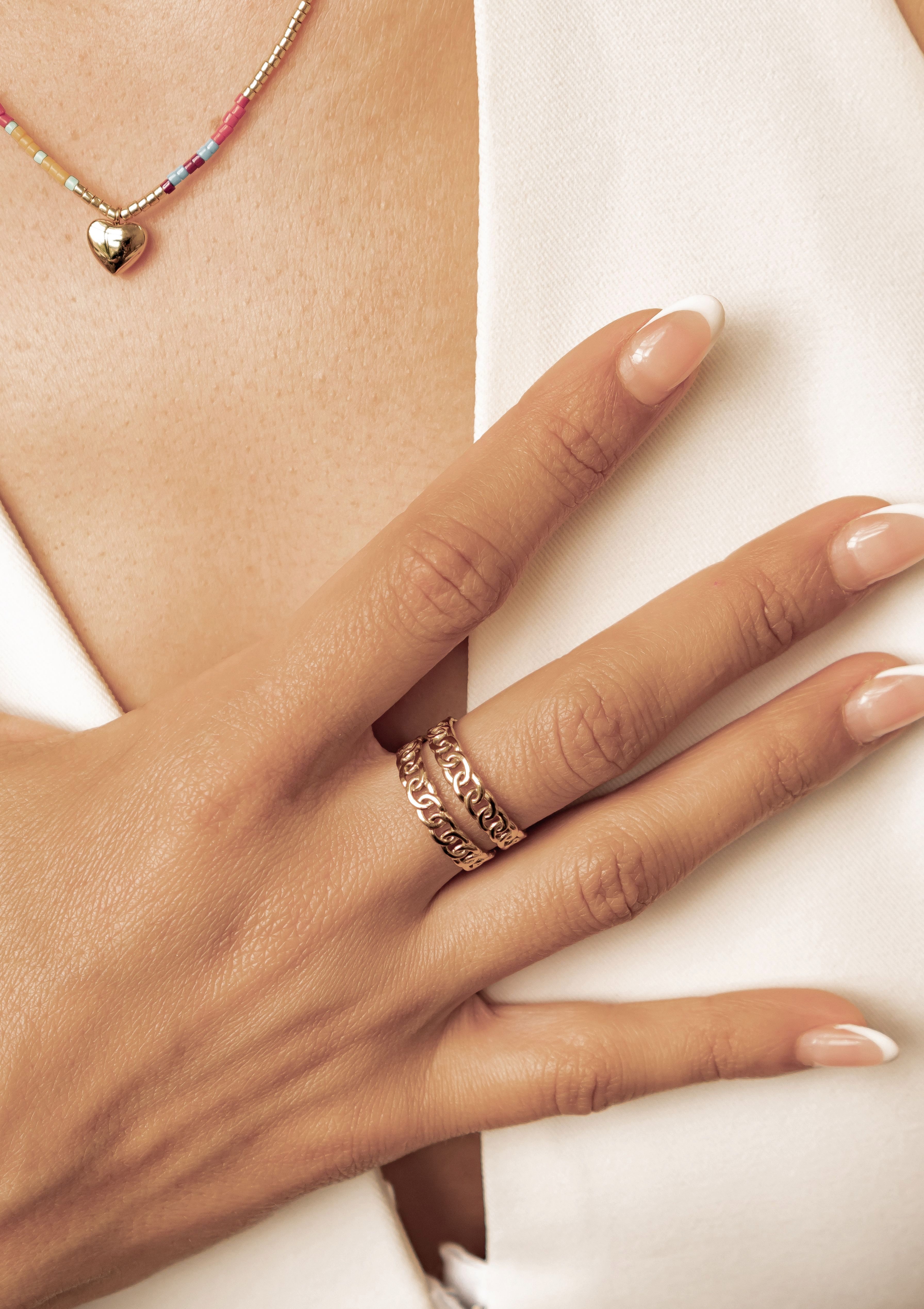 Hey Happiness Fingerring Doppelglied, offener Geo Kettenring Damen, Doppelter Statement Ring in Gold Rosa Silber, mit Gliederdesign