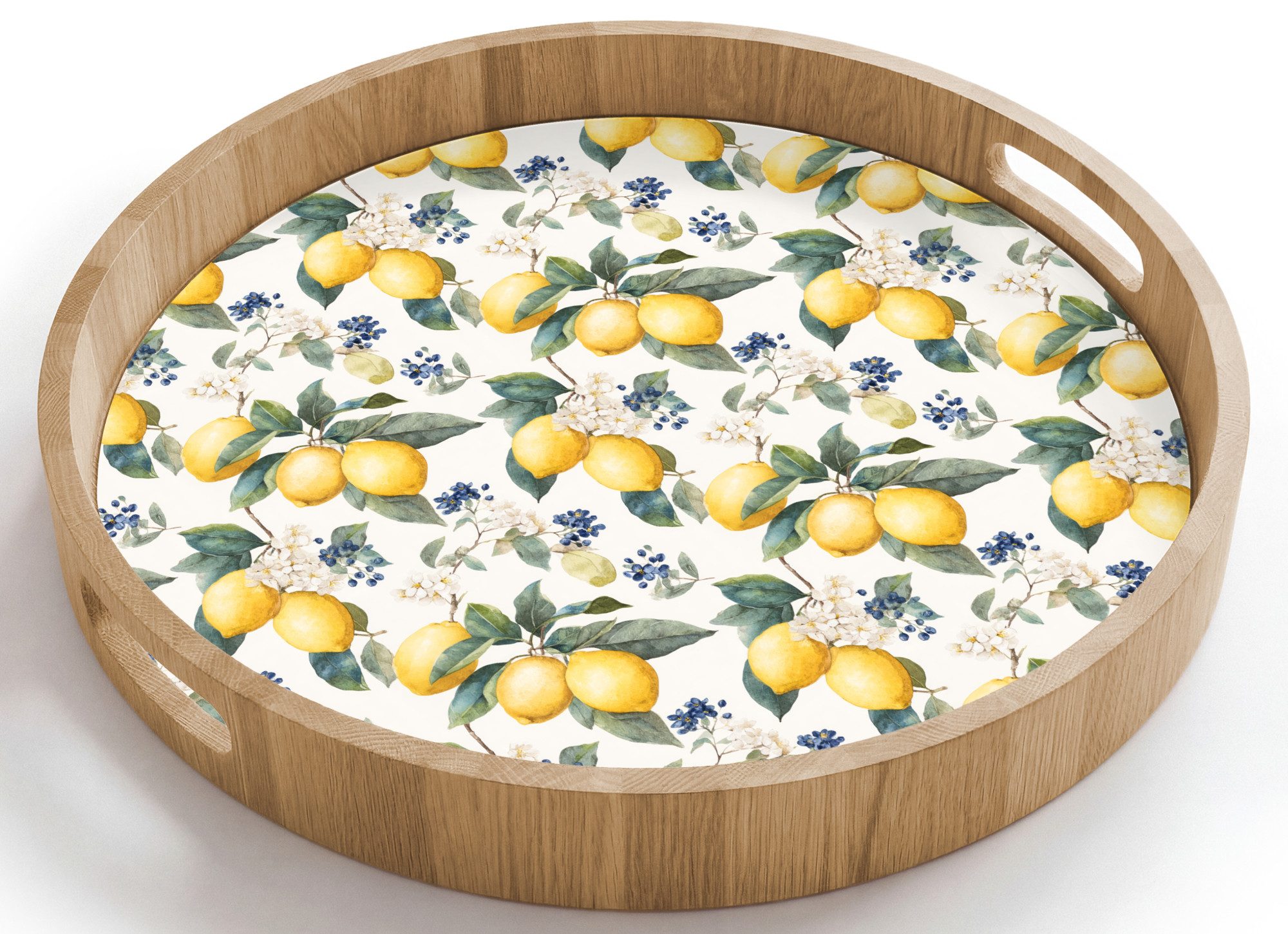 OnlyWow Tablett Rund mit Henkel Frans - Citroen - Citrus - Bloesem - Geel - Groen - B, Eichenholz, (1-tlg), Siervierplatte, Tray, Frühstücksbrett