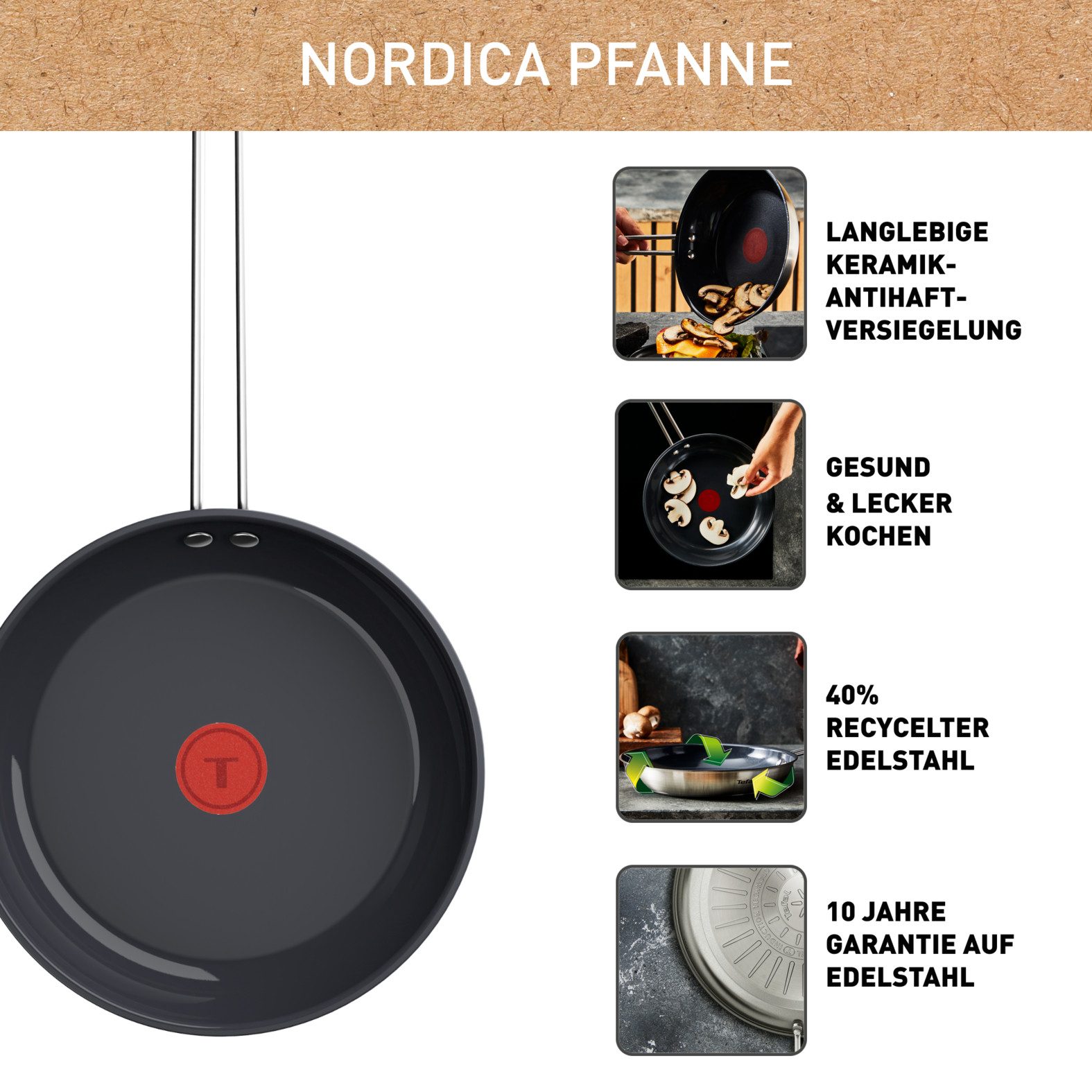 Tefal Bratpfanne Nordica, beschichtete Pfanne Induktion, Thermo-Signal-Technologie, Edelstahl, minimalistisches Design, robuster Griff, geeignet für alle Herdarten