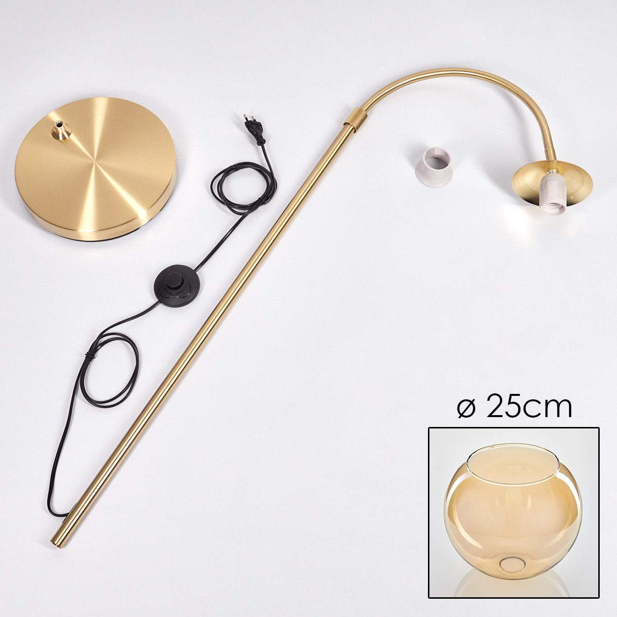 hofstein Stehlampe Stehlampe aus Metall/Glas in Messing/Bernstein, ohne Leuchtmittel, mit Glasschirm (25 cm) u. Fußschalter, 1 x E27, ohne Leuchtmittel