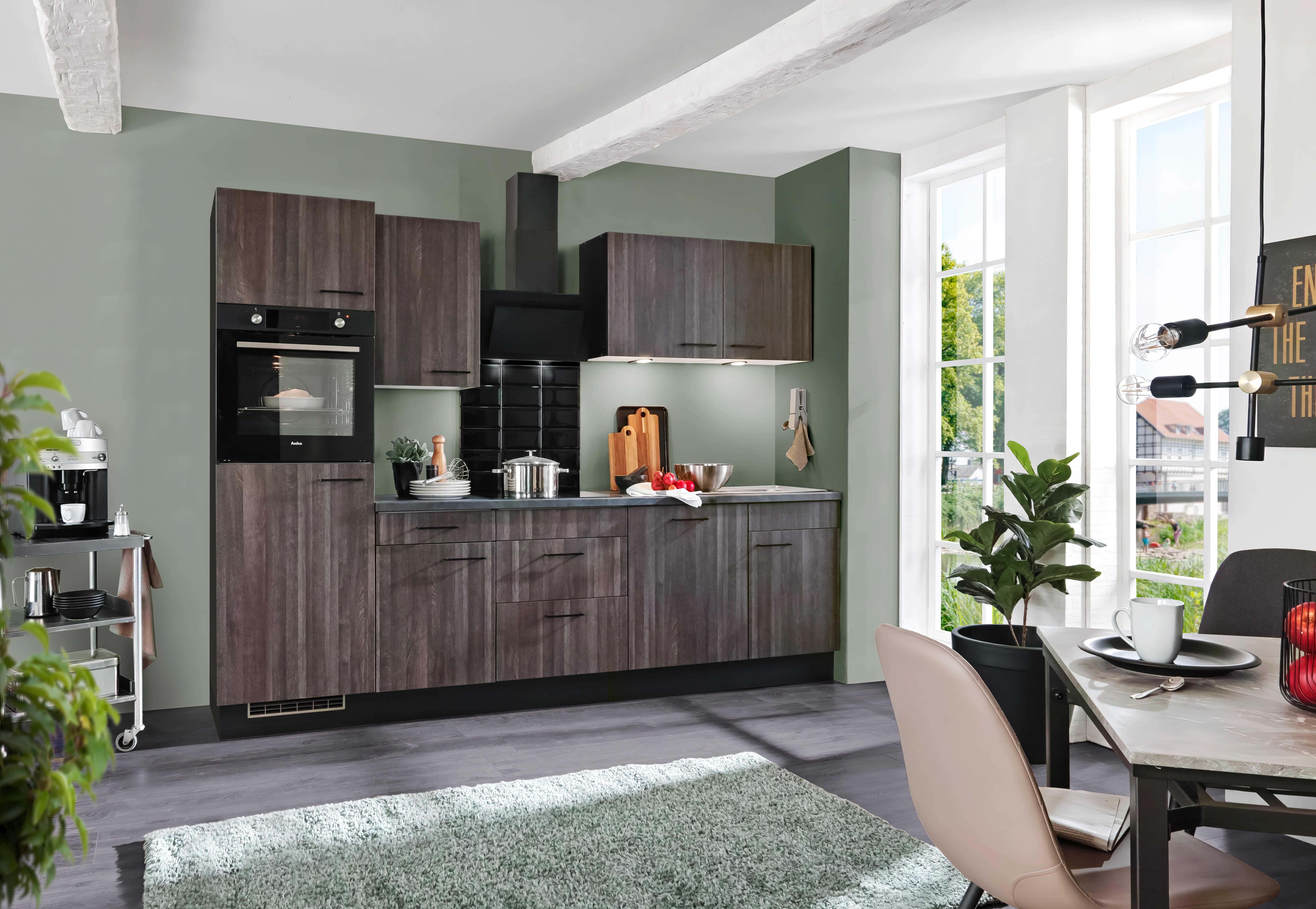 wiho Küchen Küche Nisos, Soft-Close, 280 cm, Backofen matt schwarz, Teleskopauszug