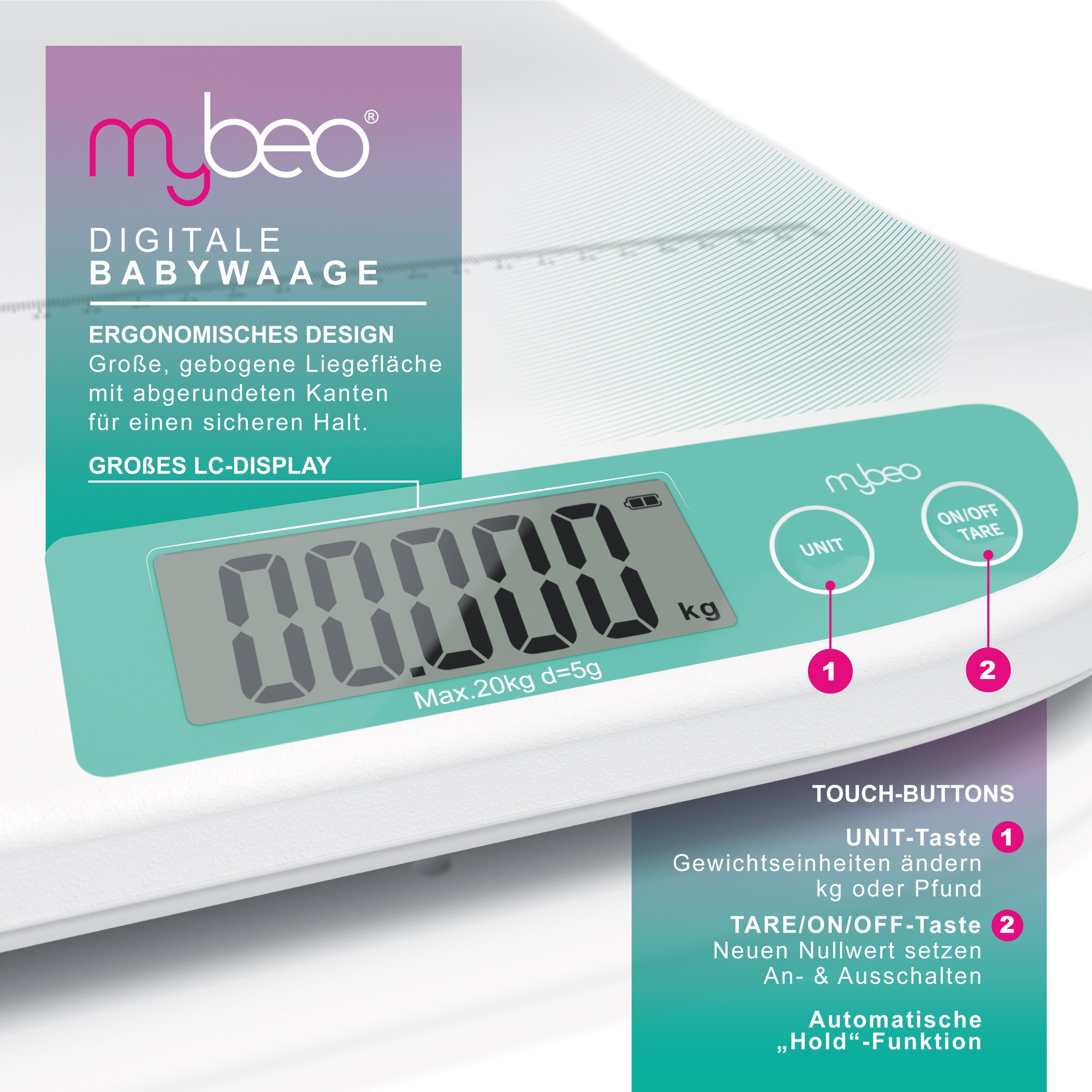 MyBeo Personenwaage Digitale Babywaage mit Display, 20g - 20kg, Säuglingswaage, Tierwaage, 1-tlg., sichere, schnelle Messung für zuhause und Praxis – Bild 4 von 5