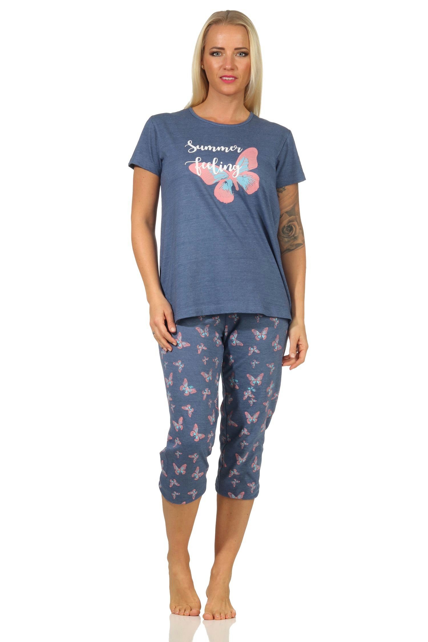 RELAX by Normann Pyjama Sommerlicher Damen kurzarm Capri Schlafanzug mit Schmetterlingsmotiv blau