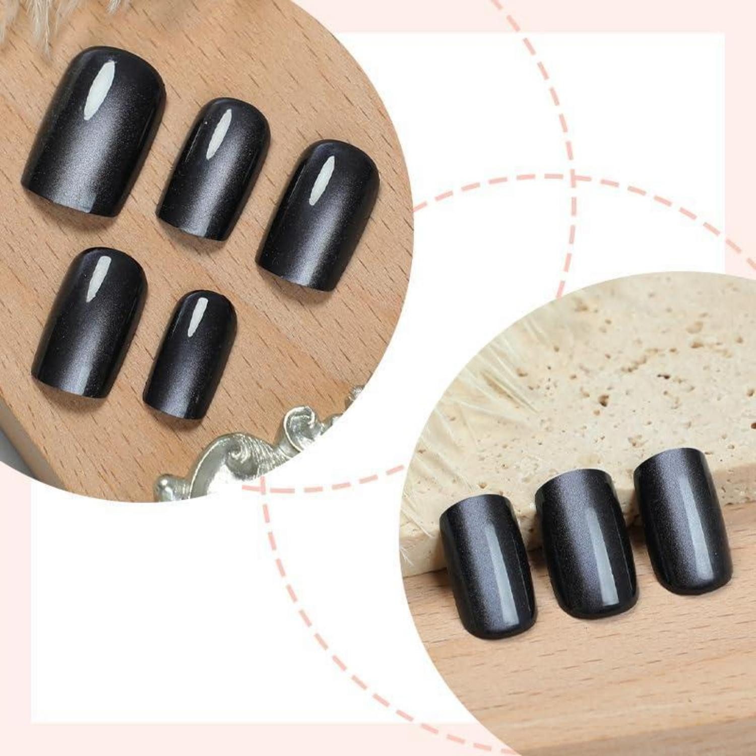 LuxusKollektion Kunstfingernägel Künstliche Fingernägel Eckig Cat Eye Schwarz Magnetic Kurz CA10