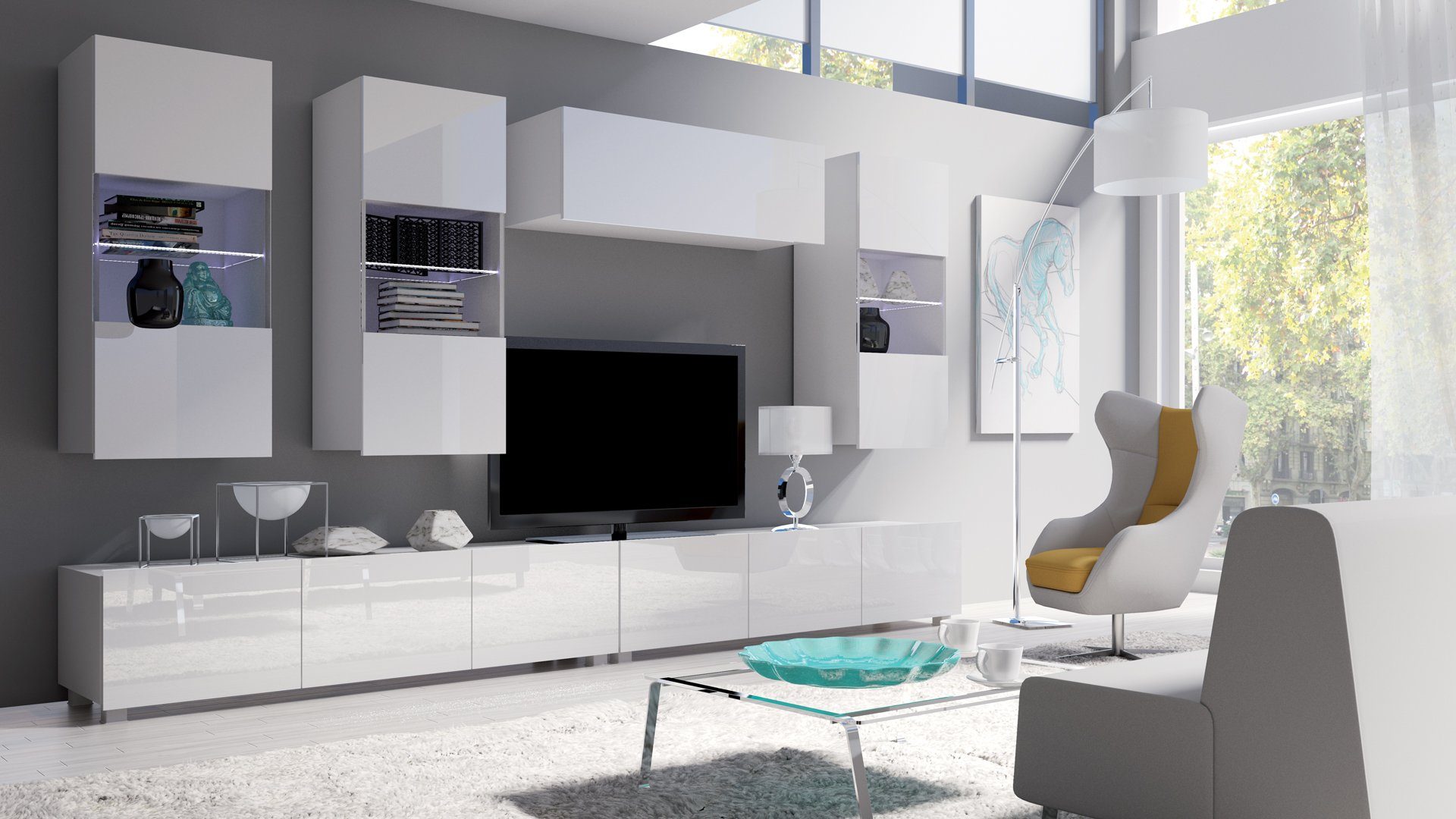 Beautysofa Wohnwand Calabrini V, (hängend und stehend montierbar, inklusive 3x Vitrine mit Glastüren, mit Regal und 2x TV-Schränke), mit oder ohne LED
