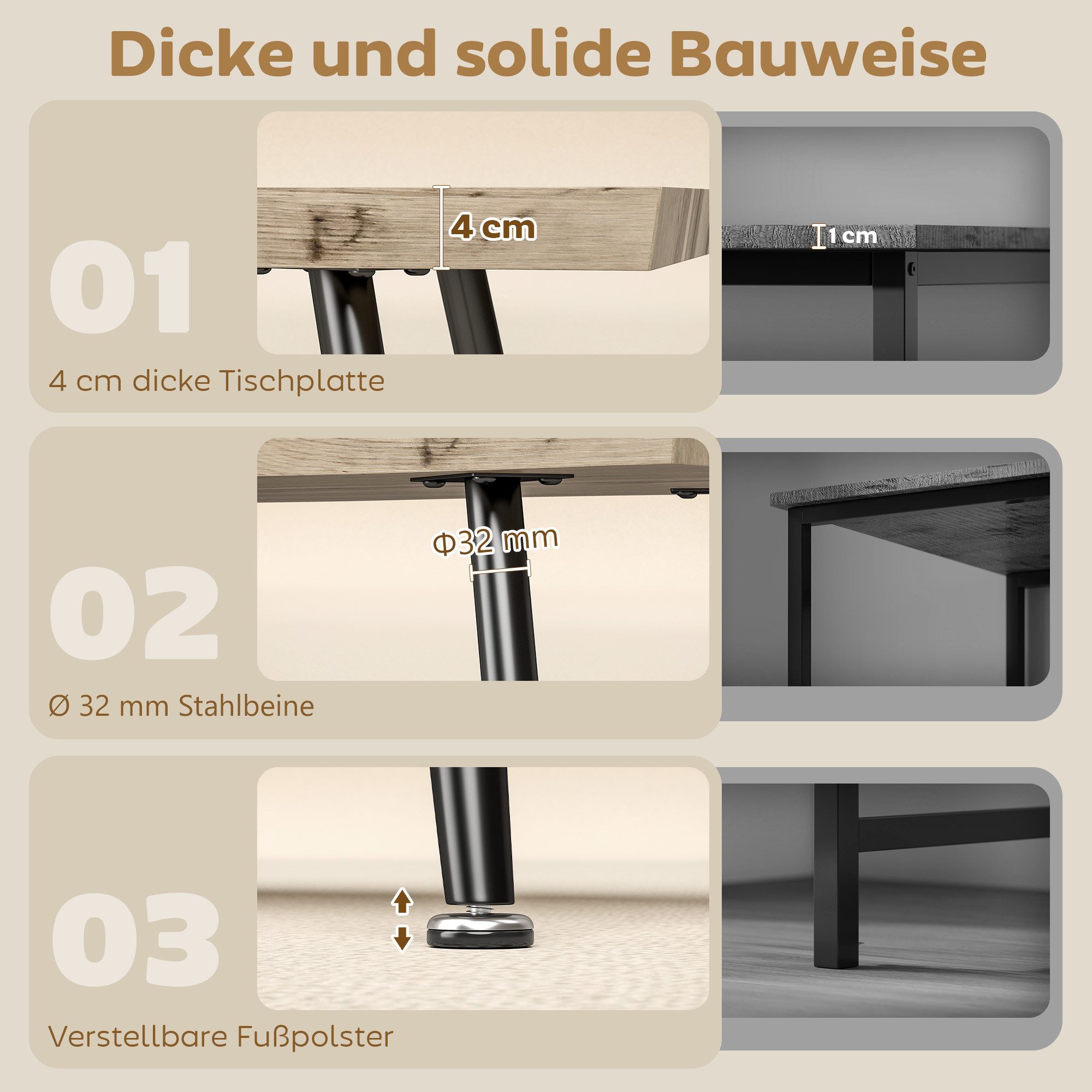 HOMCOM Couchtisch Wohnzimmertisch Sofatisch mit Stahlbeine, 4 cm dicker Tischplatte (Kaffeetisch, 1-St., Beistelltisch), für Wohnzimmer, Schlafzimmer, Eiche+Sch – Bild 5 von 5