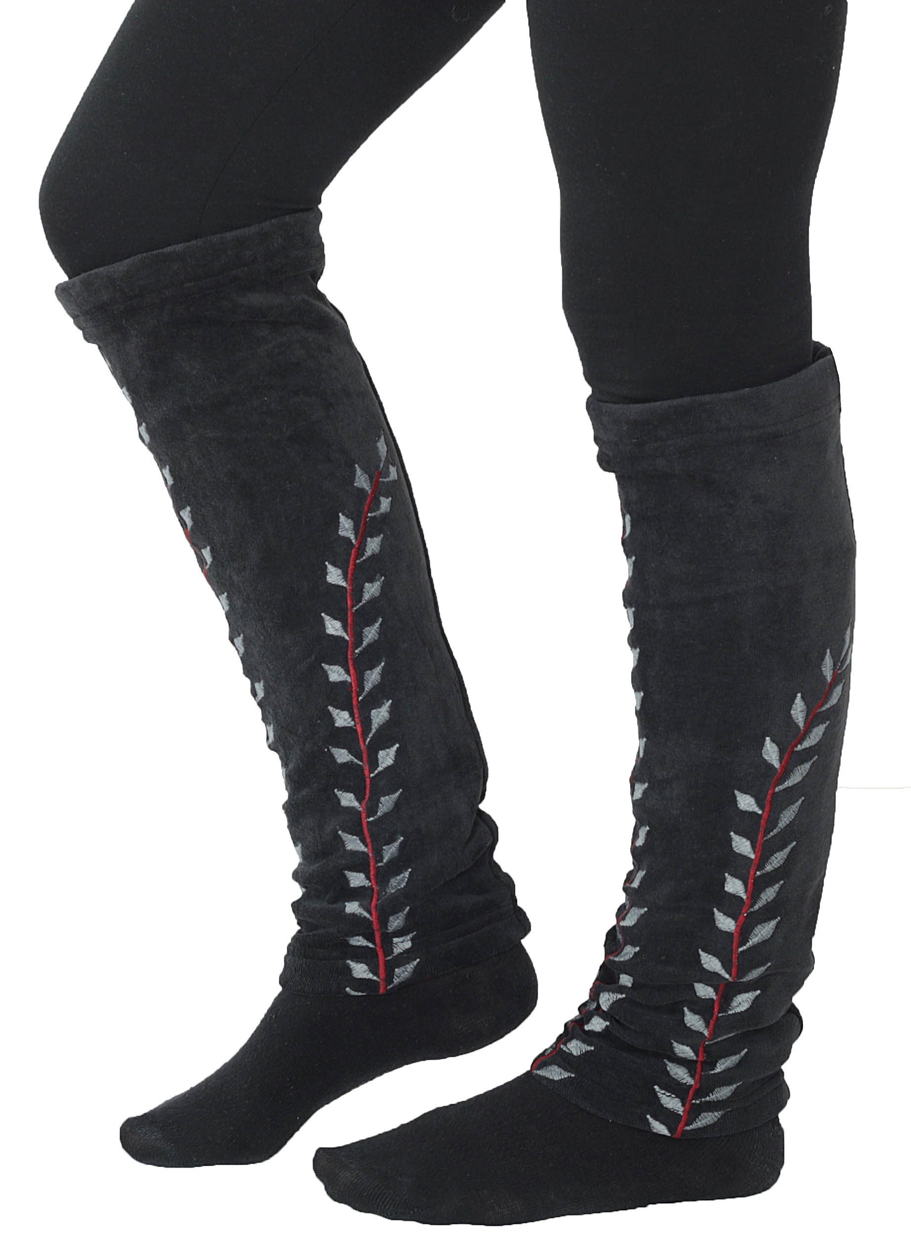 PUREWONDER Гетри Гетри aus Samt, Гетри mit Blätter-Ranken LW14 Schwarz (1 Paar) Einheitsgröße