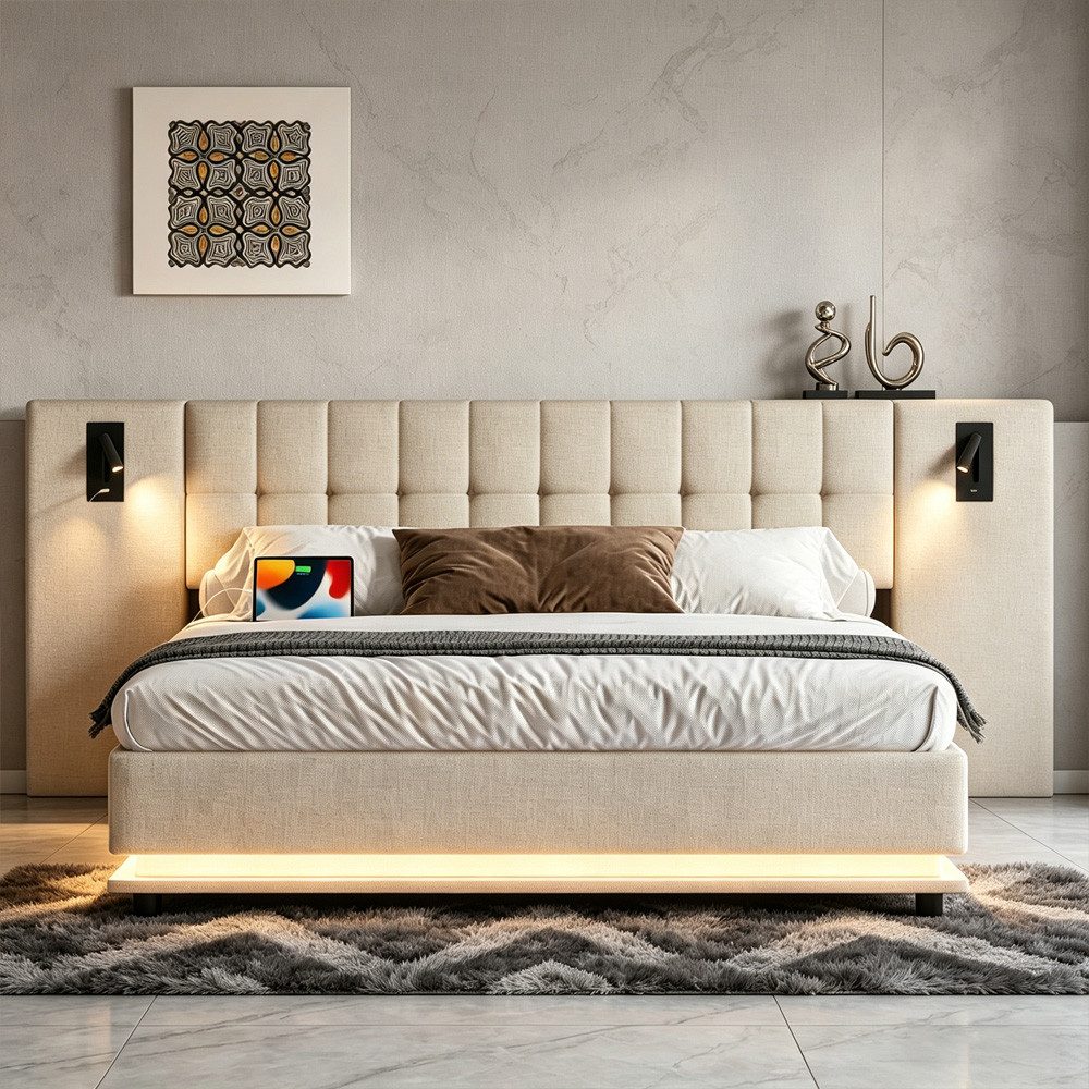 REDOM Polsterbett mit LED-Leiste & USB, Kopfteil mit Spotlicht (Leinen-Doppelbett, 180x200 cm), ohne Matratze