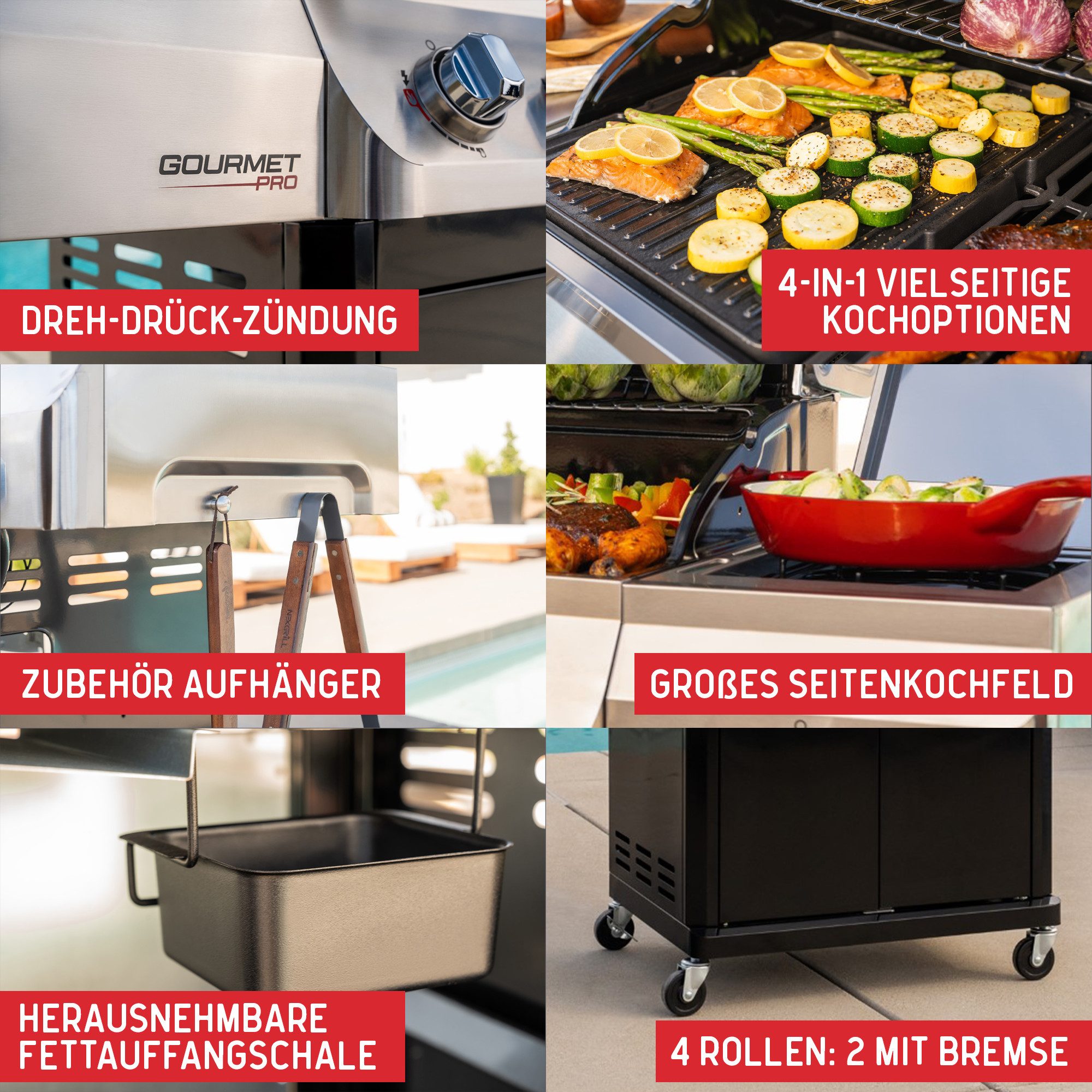 nexgrill Gasgrill 4B Gourmet Pro 4 + 1 Brenner, Seitenkochfeld & Gusseisen Plancha, 16,5KW, Gourmet Pro, Aufbaumaß: 134x56x121 cm – Bild 4 von 5