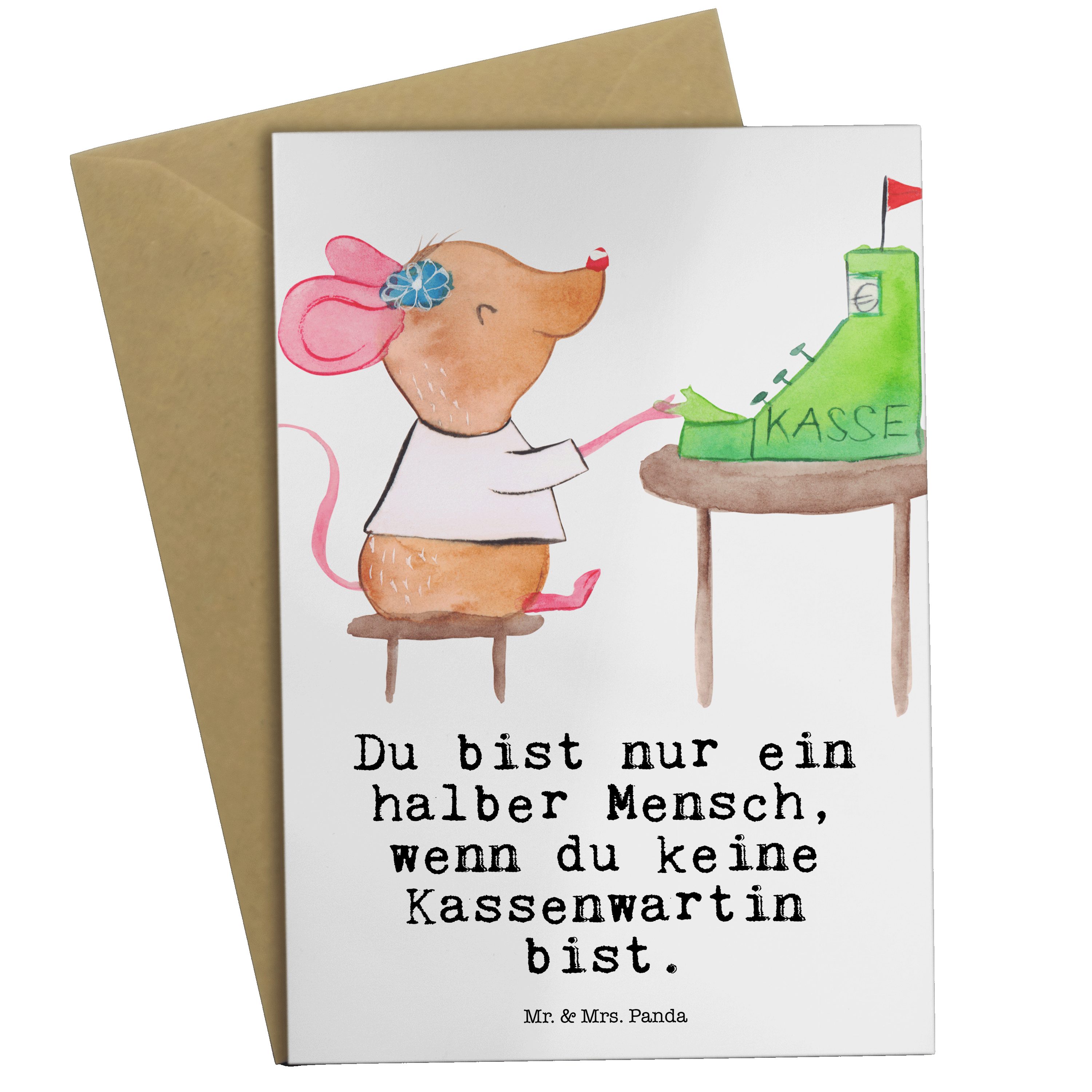 Mr. & Mrs. Panda Grußkarte Kassenwartin mit Herz - Weiß - Geschenk, Geburtstagskarte, Glückwunsc