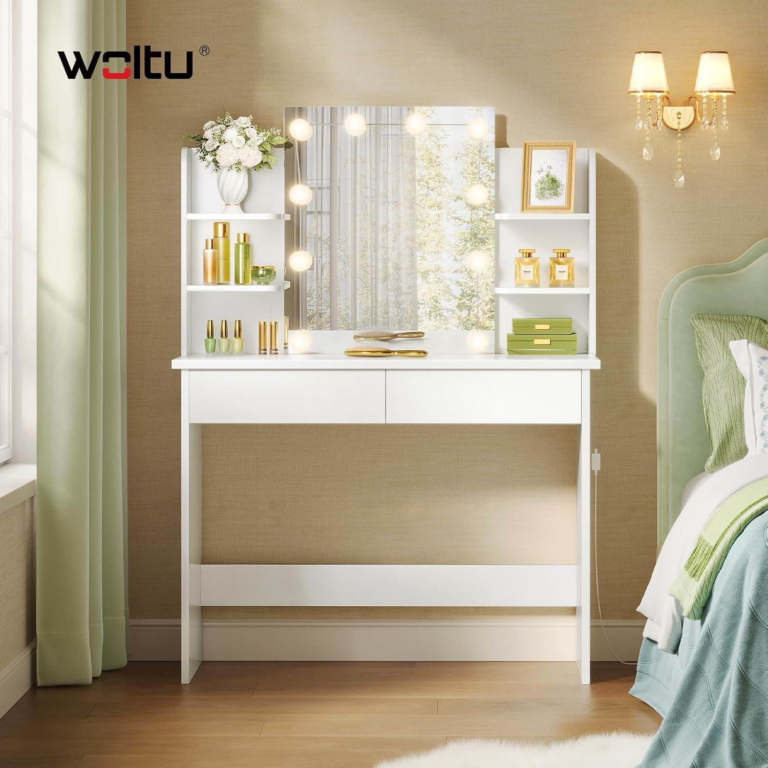 Woltu Schminktisch (1-St), Weiß, mit LED-Beleuchtung Hollywood, mit Spiegel