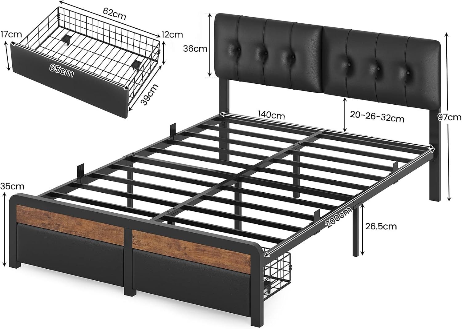 KIMENICH Metallbett Mit LED-Beleuchtung, 2 Schubladen und höhenverstellbare günstig online kaufen