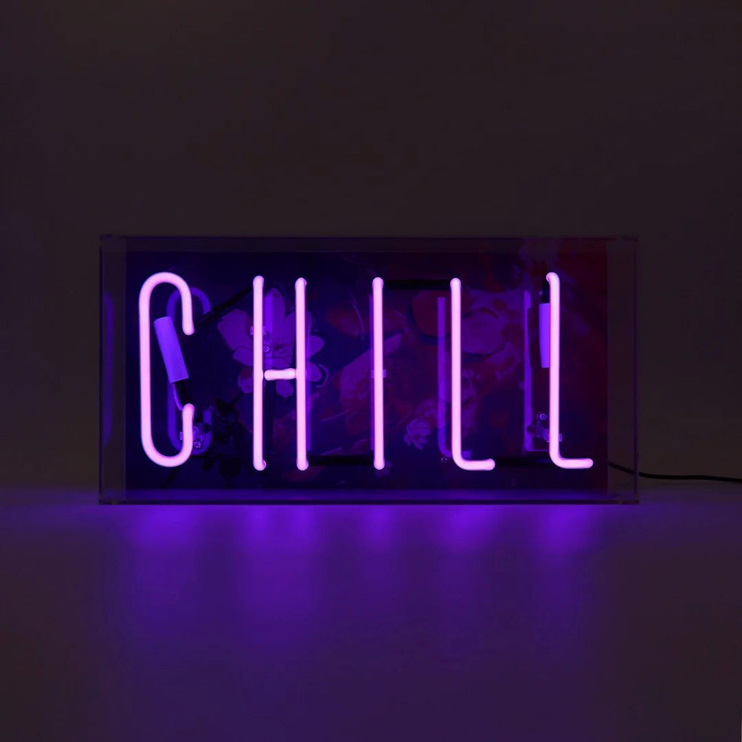 TOM NEON Dekolicht "Chill" Glas Neon Box Neonschild Stimmungslicht, TOM NEON, Neon, Rosa, Lila, Handgefertigt