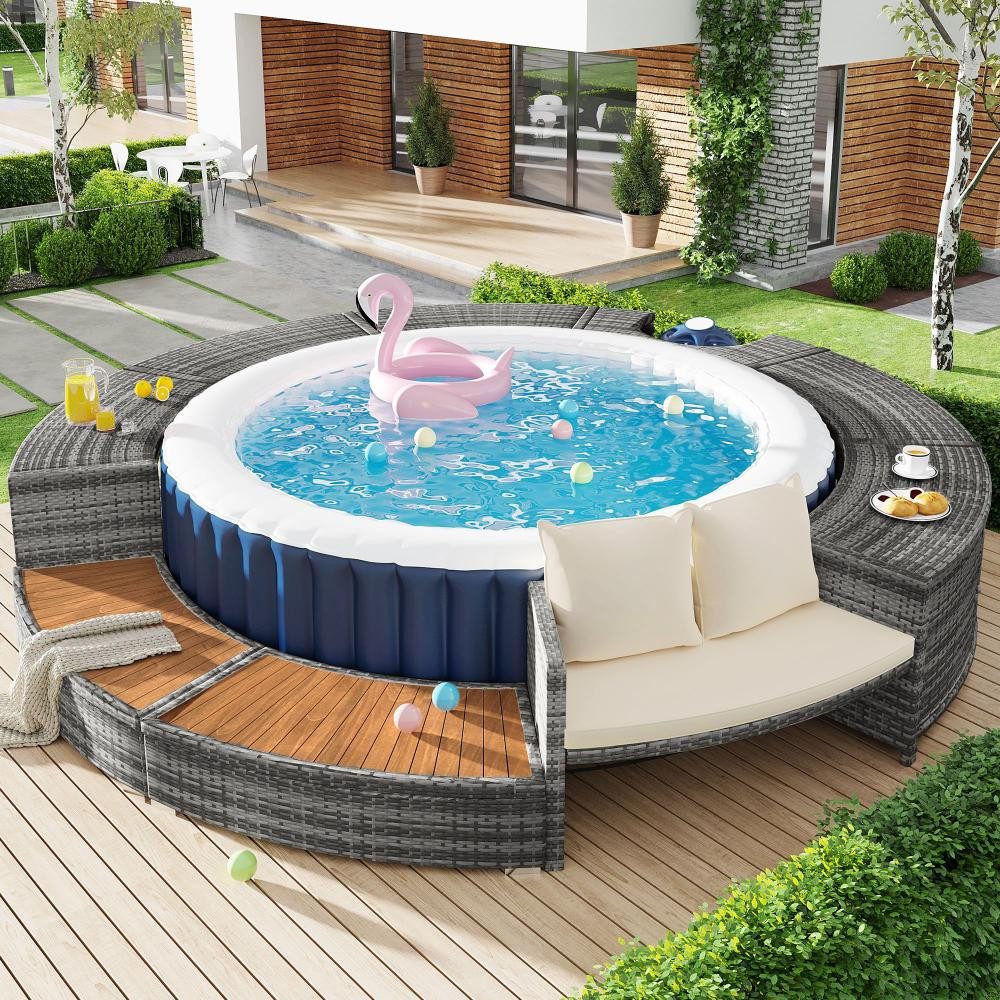 BBWL Gartenlounge-Set Outdoor Rattan Lounge mit Kissen, verstellbare Füße, Garten Lounge Set Rund für Whirlpool und Pool, Spa Gartenmöbel