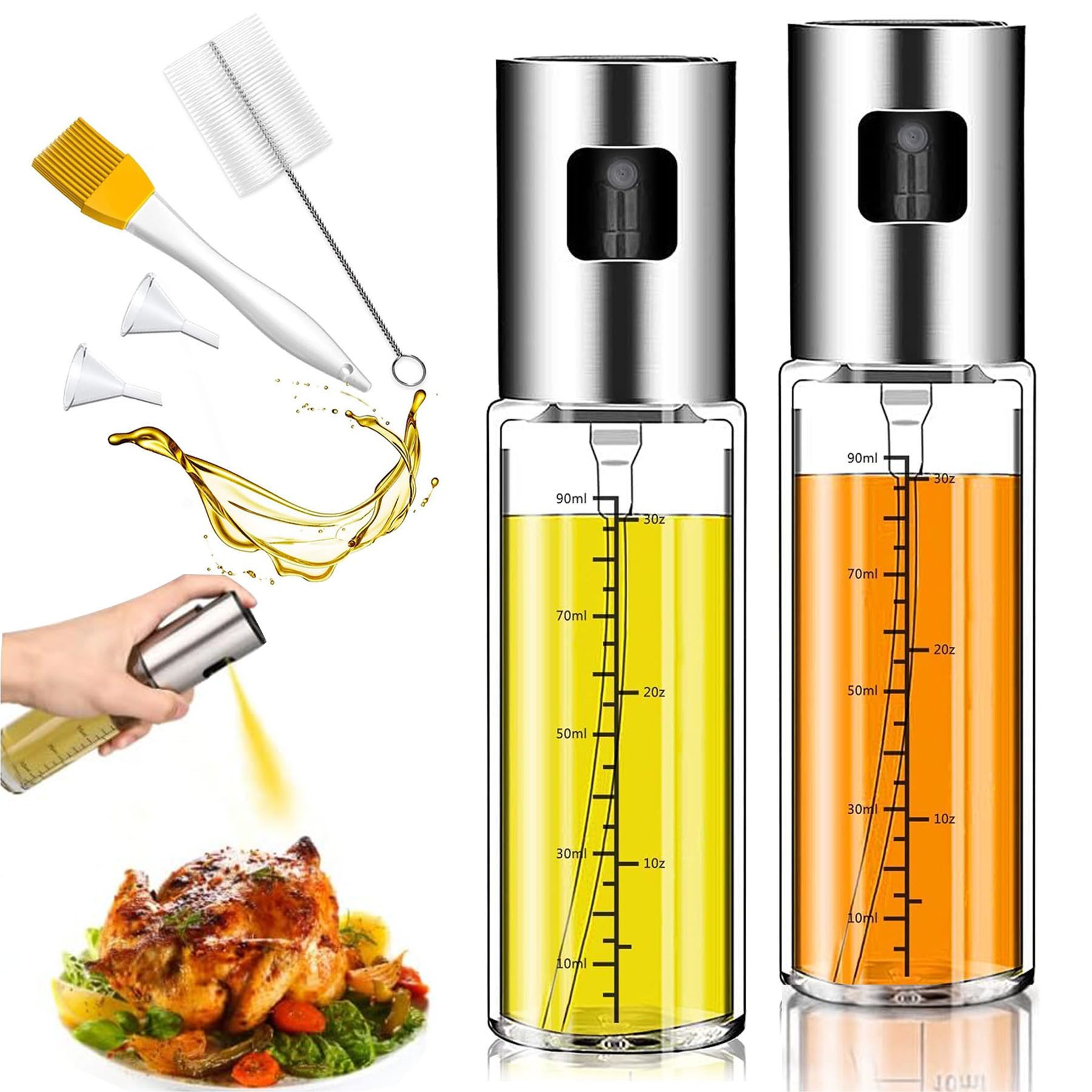 Mutig Ölspender Ölsprüher zum Kochen,2 Stück Öl sprühflasche Glas mit 4 Zubehörteilen, (100ml Öl Sprühflasche mit Reinigungsbürste, Öl-Pinsel und Trichter, Ölkanne aus Glas und Rostfreiem Stahl, Auslaufsicherer Ölspray), Auslaufsicherer Ölspray für Kochen