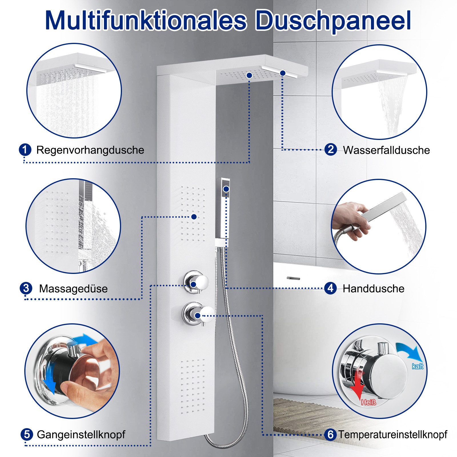 FIVMEN Duschsystem Duschpaneel Edelstahl Gebürstet Duscharmatur Duschset mit Regendusche, 5 Duschmodi Massagedusche, Wasserfalldusche, Handbrause Duschset