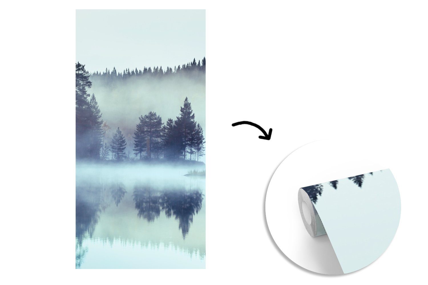 Nebel bedruckt, Fototapete MuchoWow - Schlafzimmer Küche, Winter, Wohnzimmer für (2 Fototapete Wald Matt, Vliestapete St), -