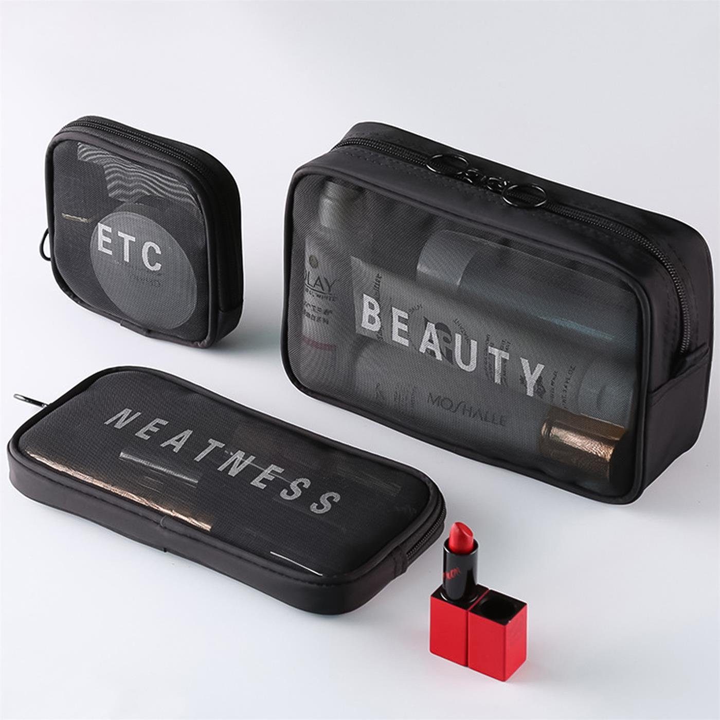 Beutel Beautycase Make-Up Tasche Schminktasche (3-tlg), Kulturbeutel Set VERCO Schwarz Kosmetiktasche Reise Kosmetik