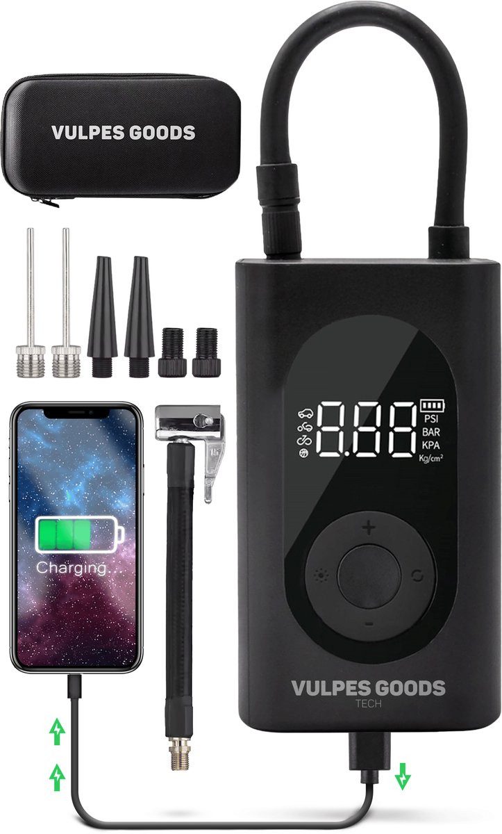 Vulpes Goods Akku-Handkompressor Set - Mini-Kompressor, max. 10,3 bar, mit Ventilaufsätzen und Reisekoffer, mit Powerbank und Taschenlampe